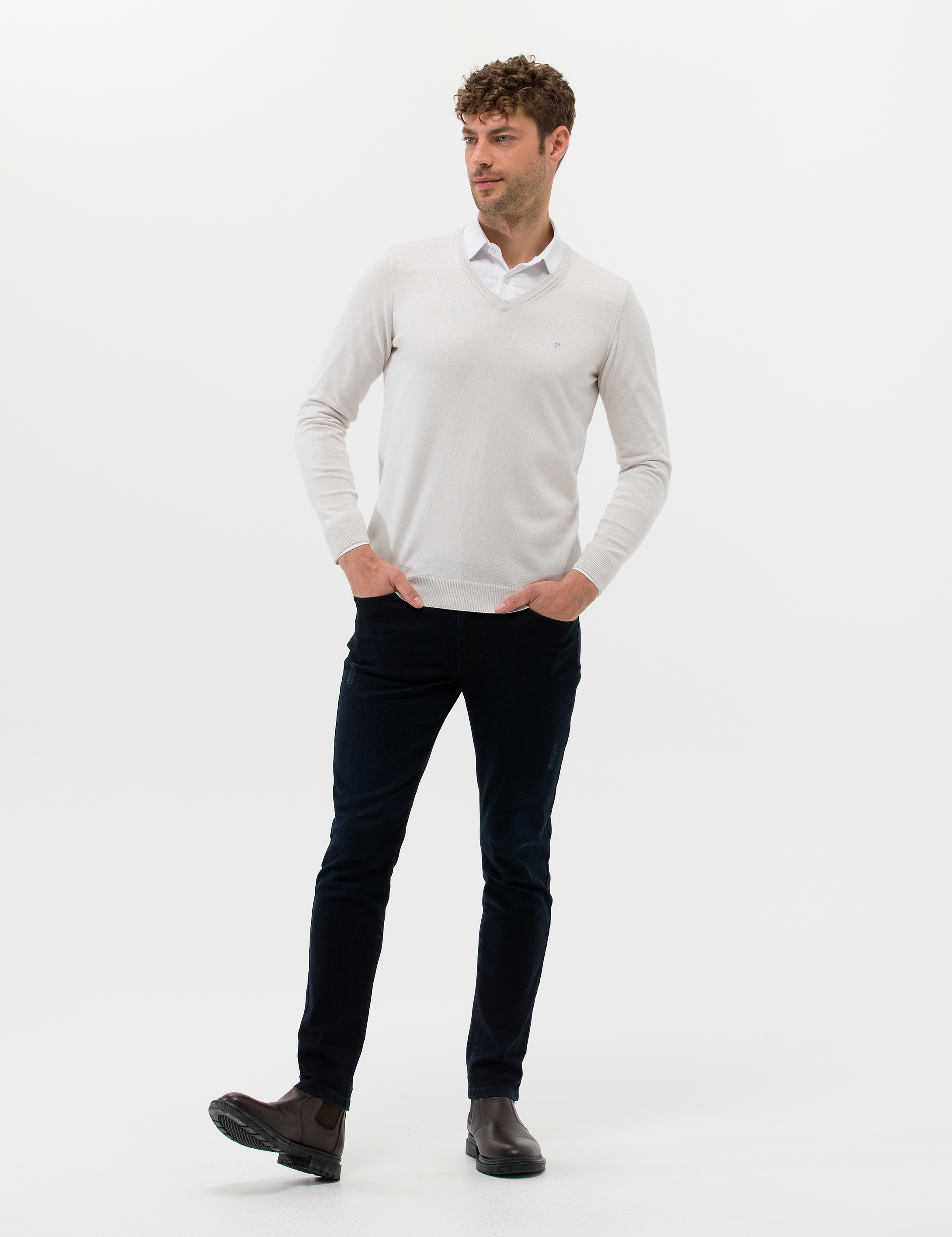 Taş Slim Fit V Yaka Basic Triko Kazak
