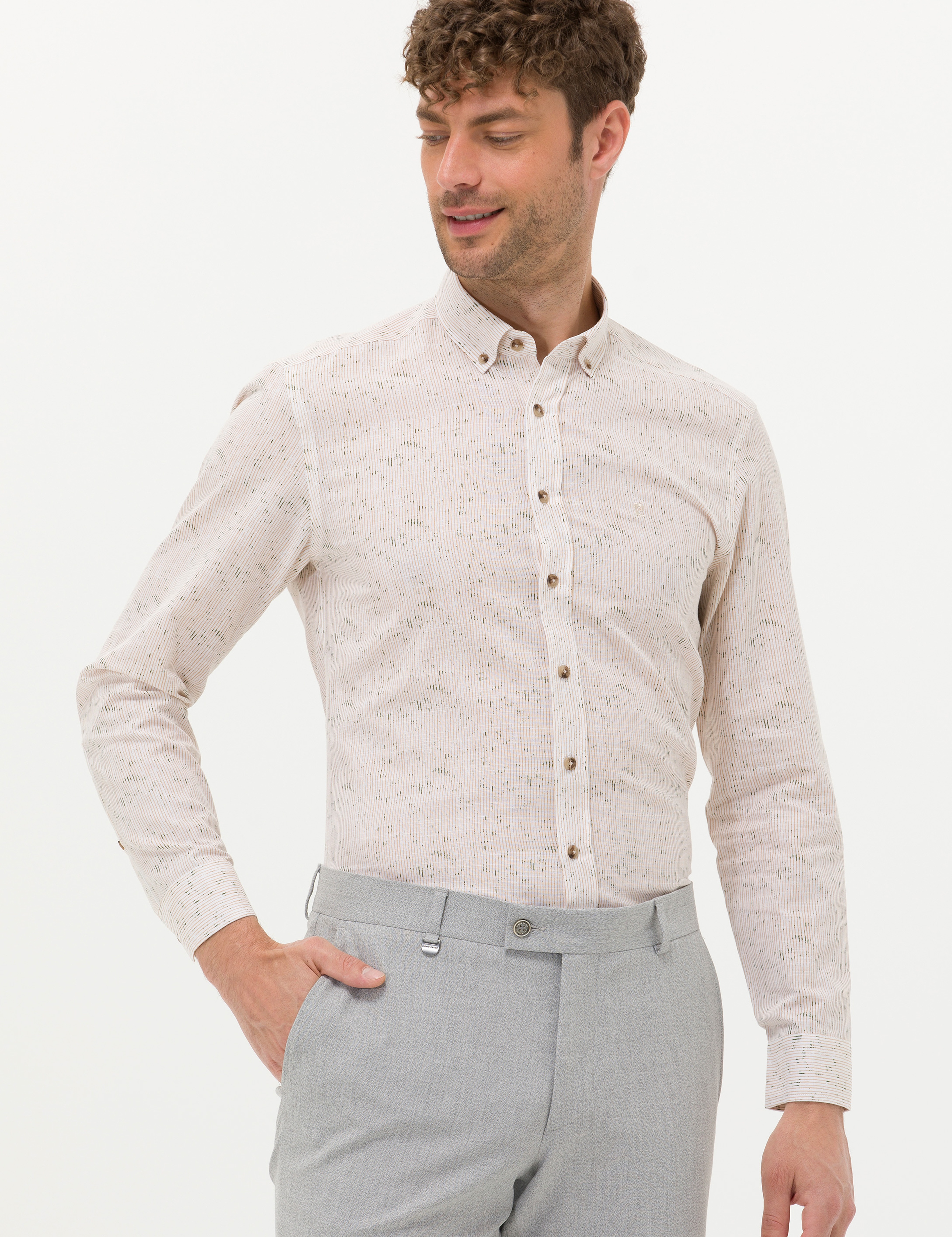 Bej Slim Fit Uzun Kollu Gömlek - Image 2