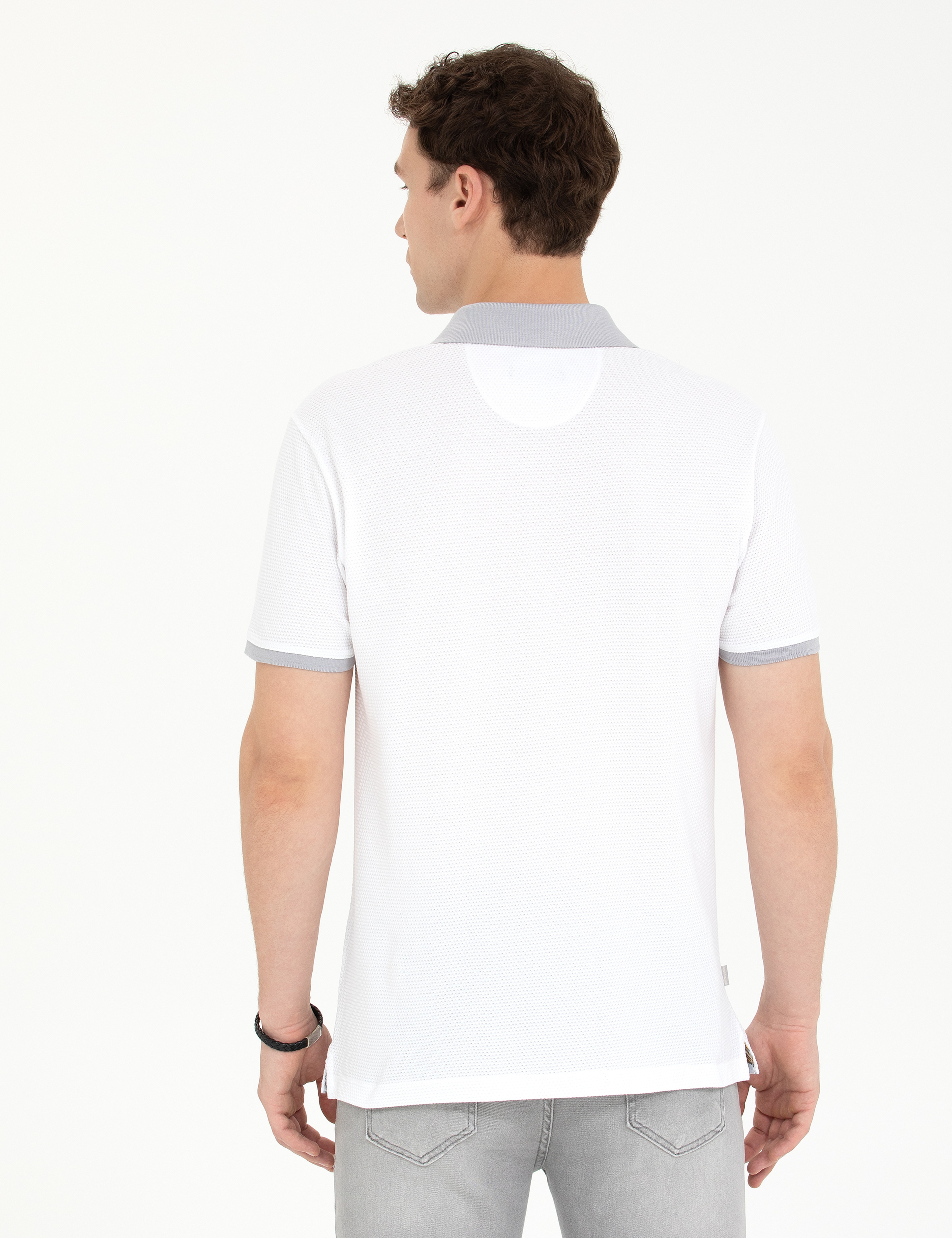 Beyaz Slim Fit Polo Yaka Tişört - Image 5