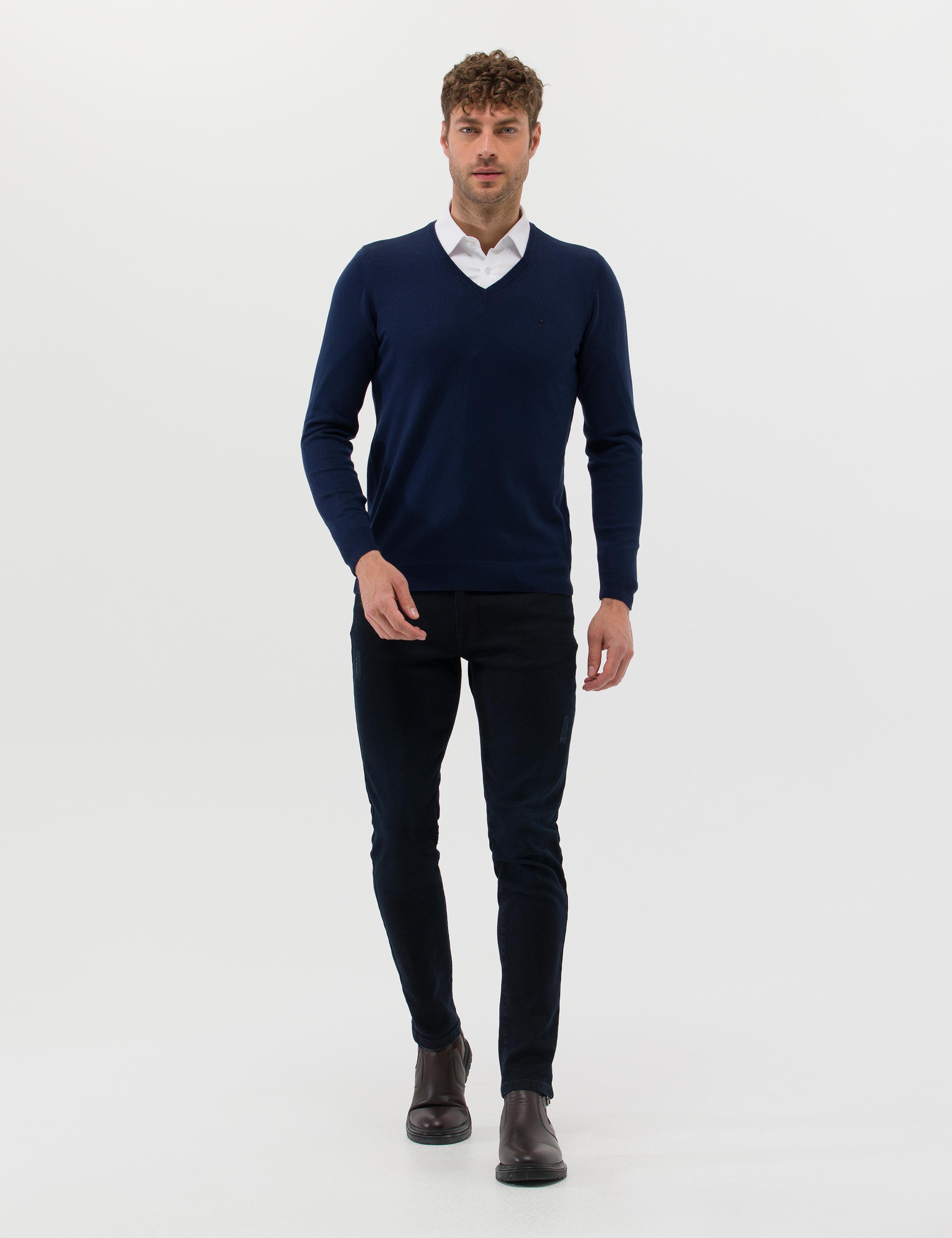 Açık Lacivert Slim Fit V Yaka Basic Triko Kazak