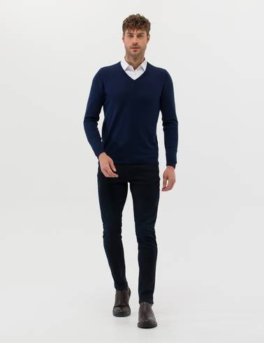 Açık Lacivert Slim Fit V Yaka Basic Triko Kazak