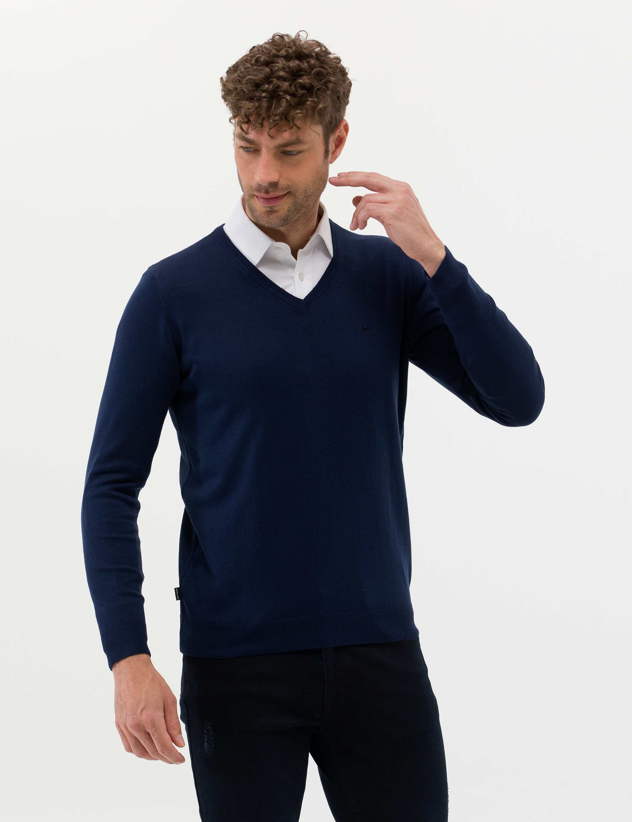Açık Lacivert Slim Fit V Yaka Basic Triko Kazak
