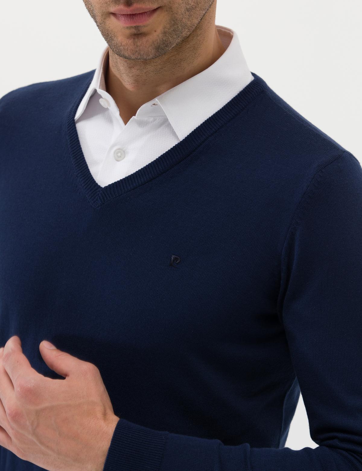 Açık Lacivert Slim Fit V Yaka Basic Triko Kazak - 50276536067