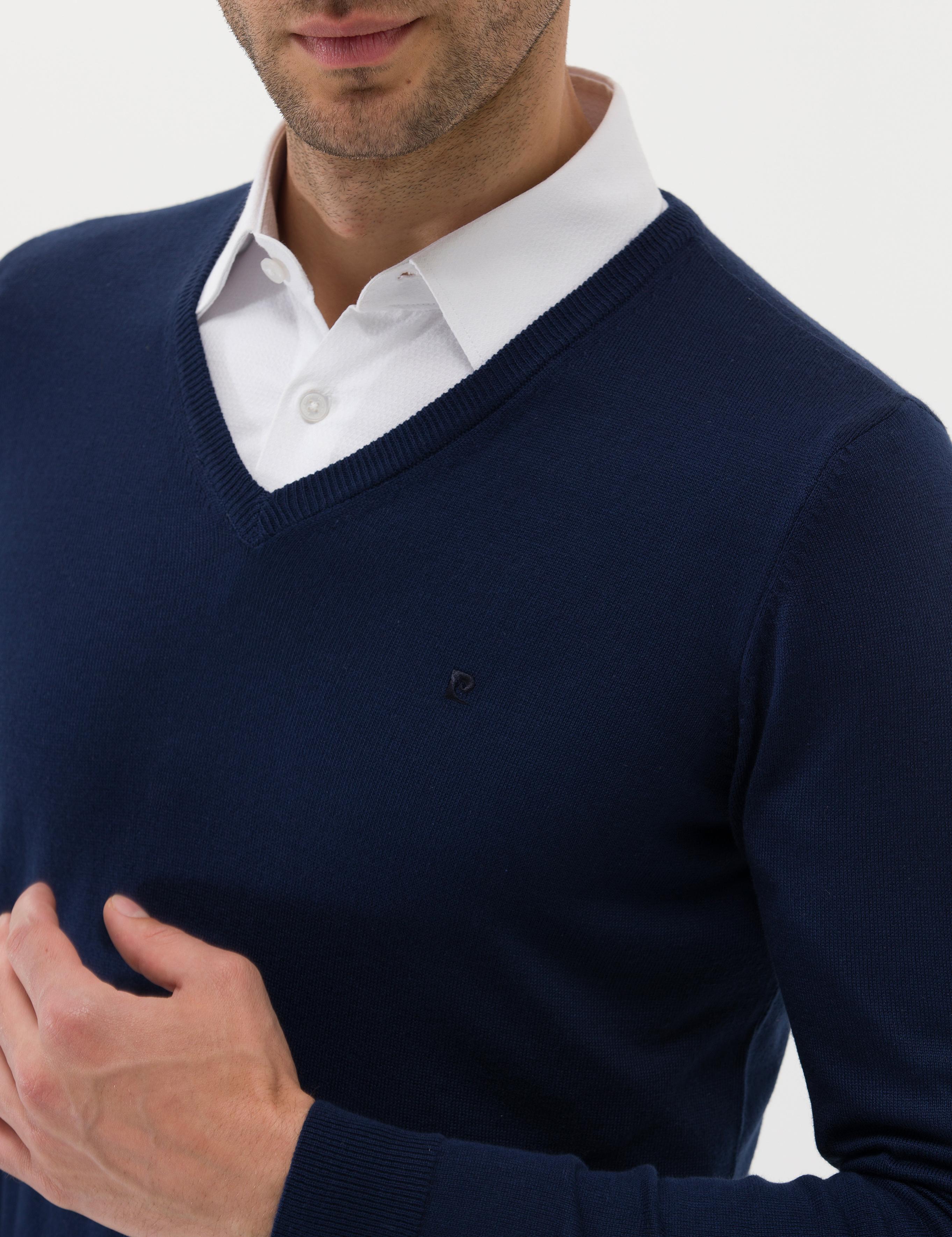 Açık Lacivert Slim Fit V Yaka Basic Triko Kazak