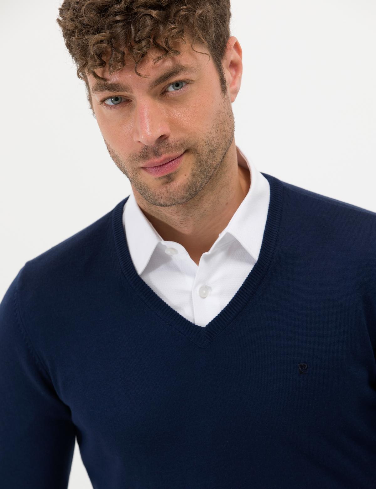 Açık Lacivert Slim Fit V Yaka Basic Triko Kazak - 50276536067