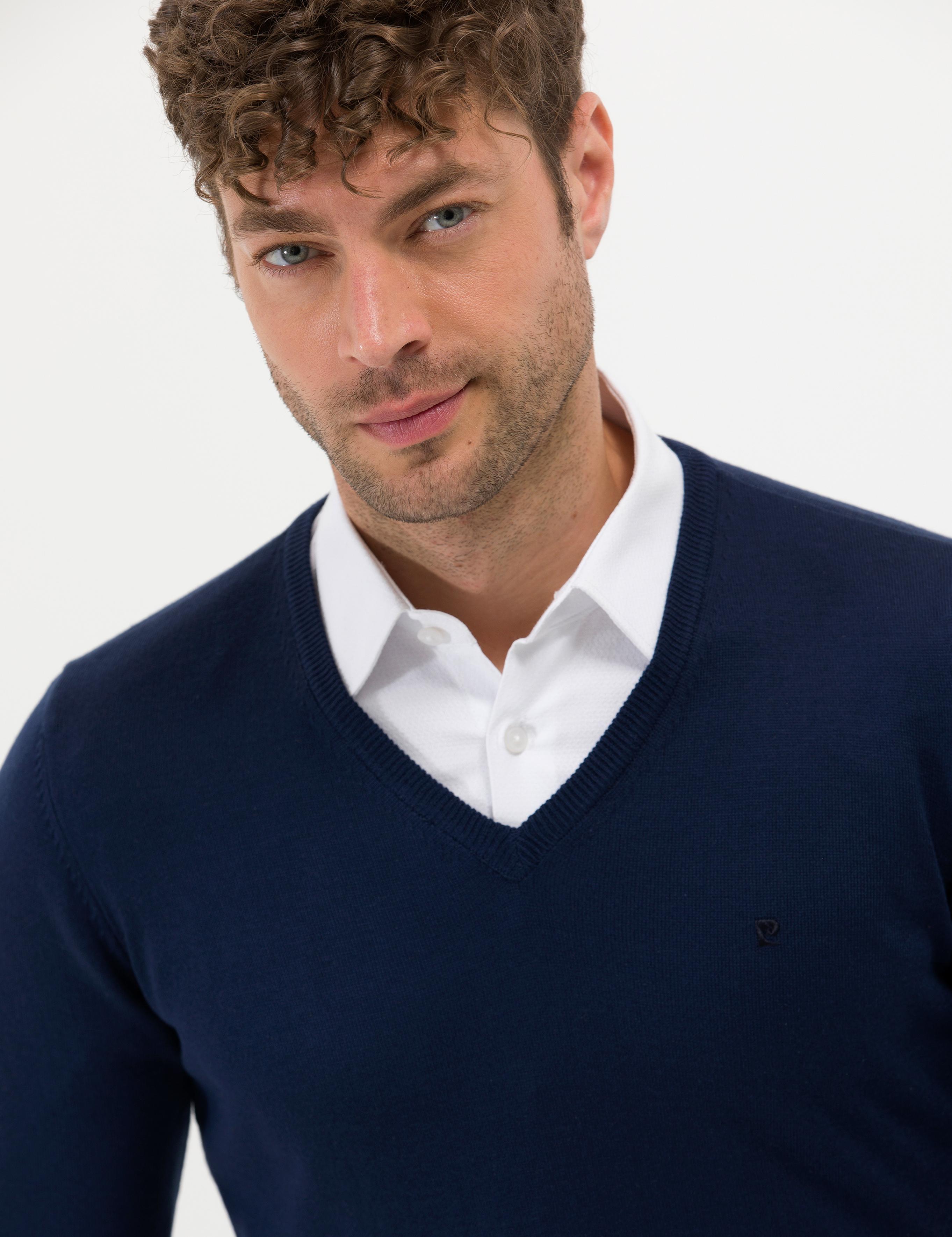 Açık Lacivert Slim Fit V Yaka Basic Triko Kazak