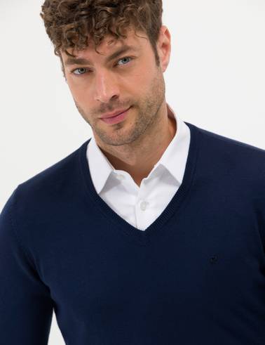 Açık Lacivert Slim Fit V Yaka Basic Triko Kazak