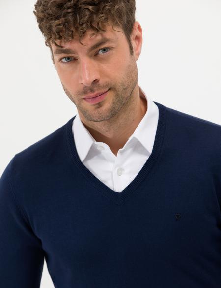 Açık Lacivert Slim Fit V Yaka Basic Triko Kazak - 50276536067