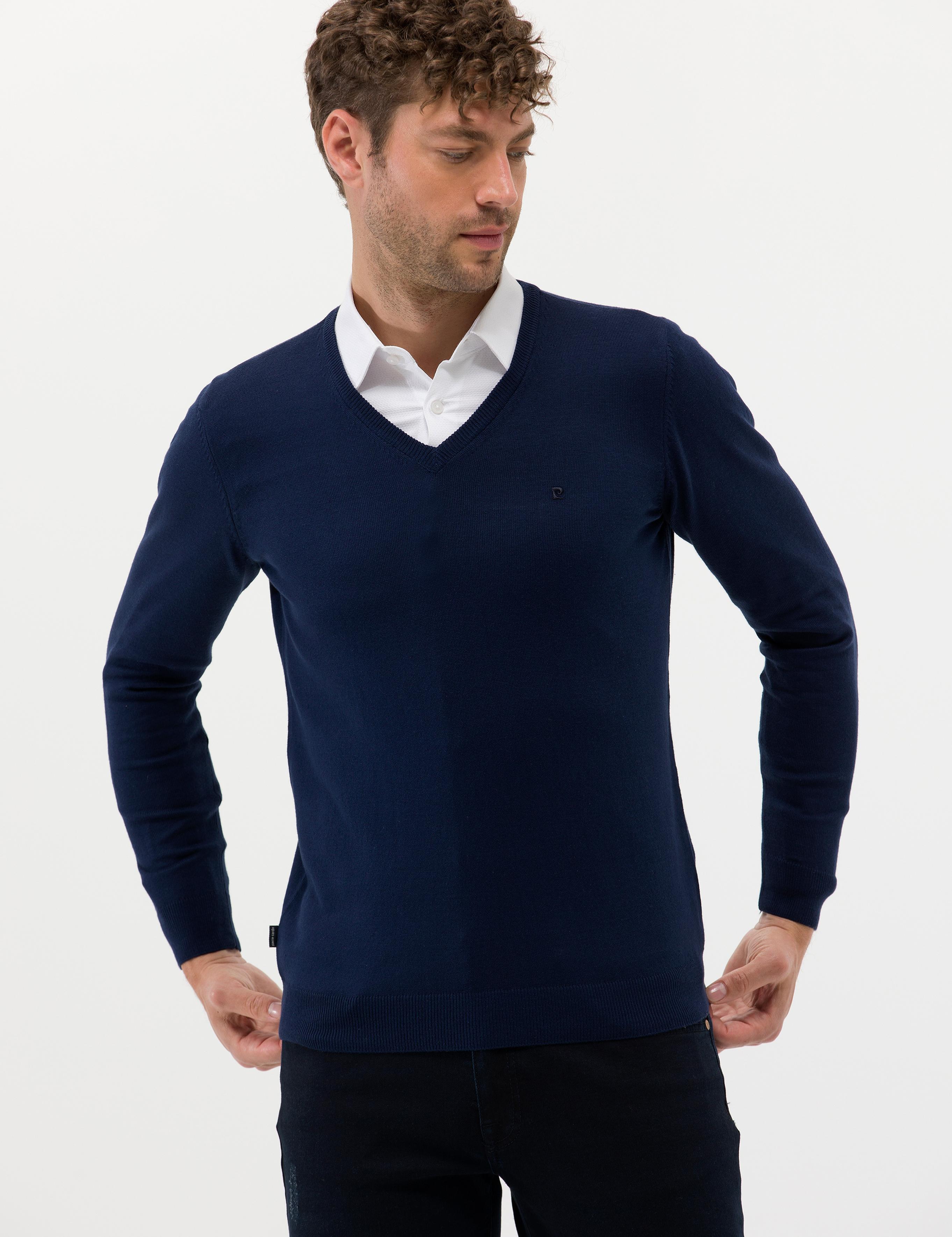 Açık Lacivert Slim Fit V Yaka Basic Triko Kazak