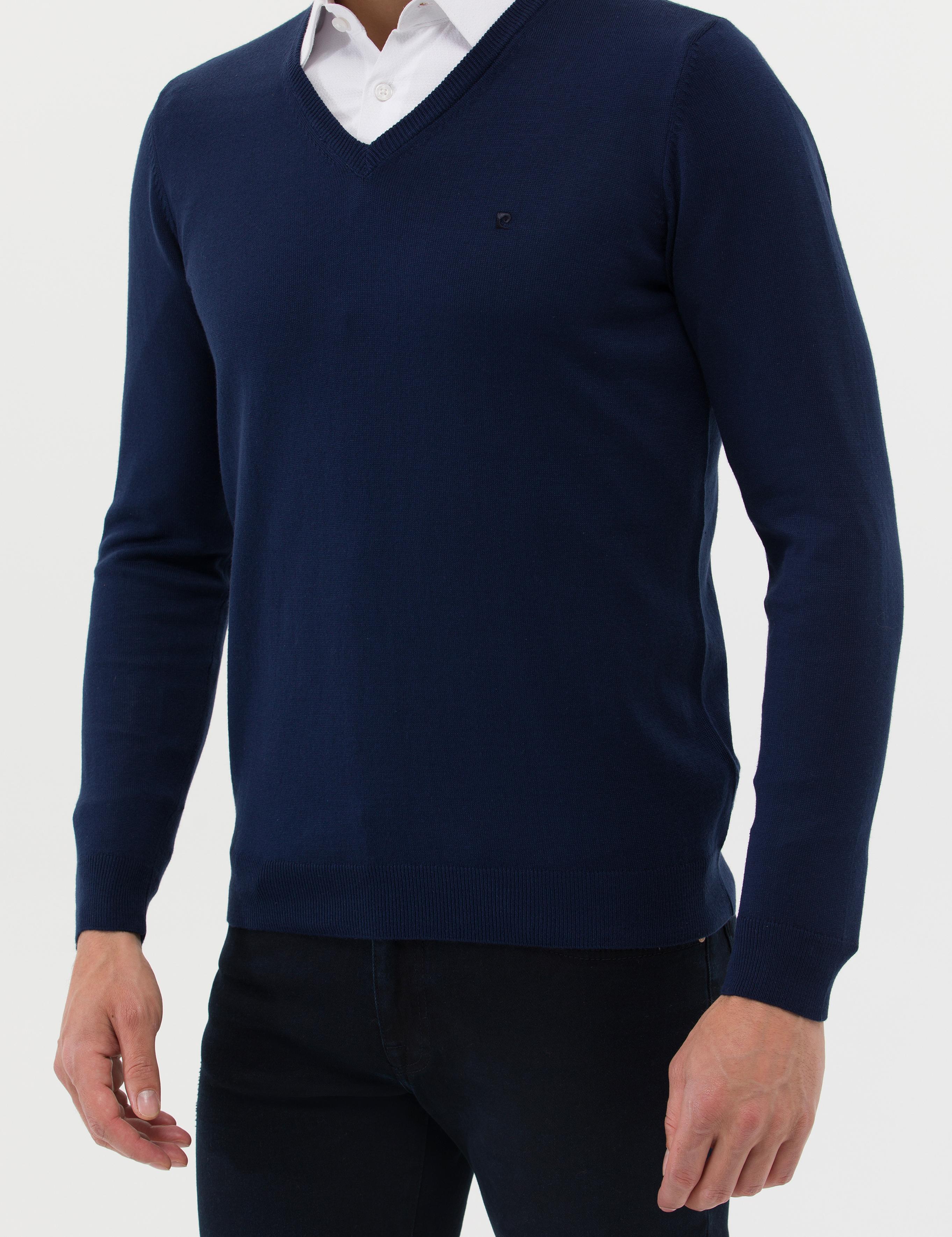 Açık Lacivert Slim Fit V Yaka Basic Triko Kazak