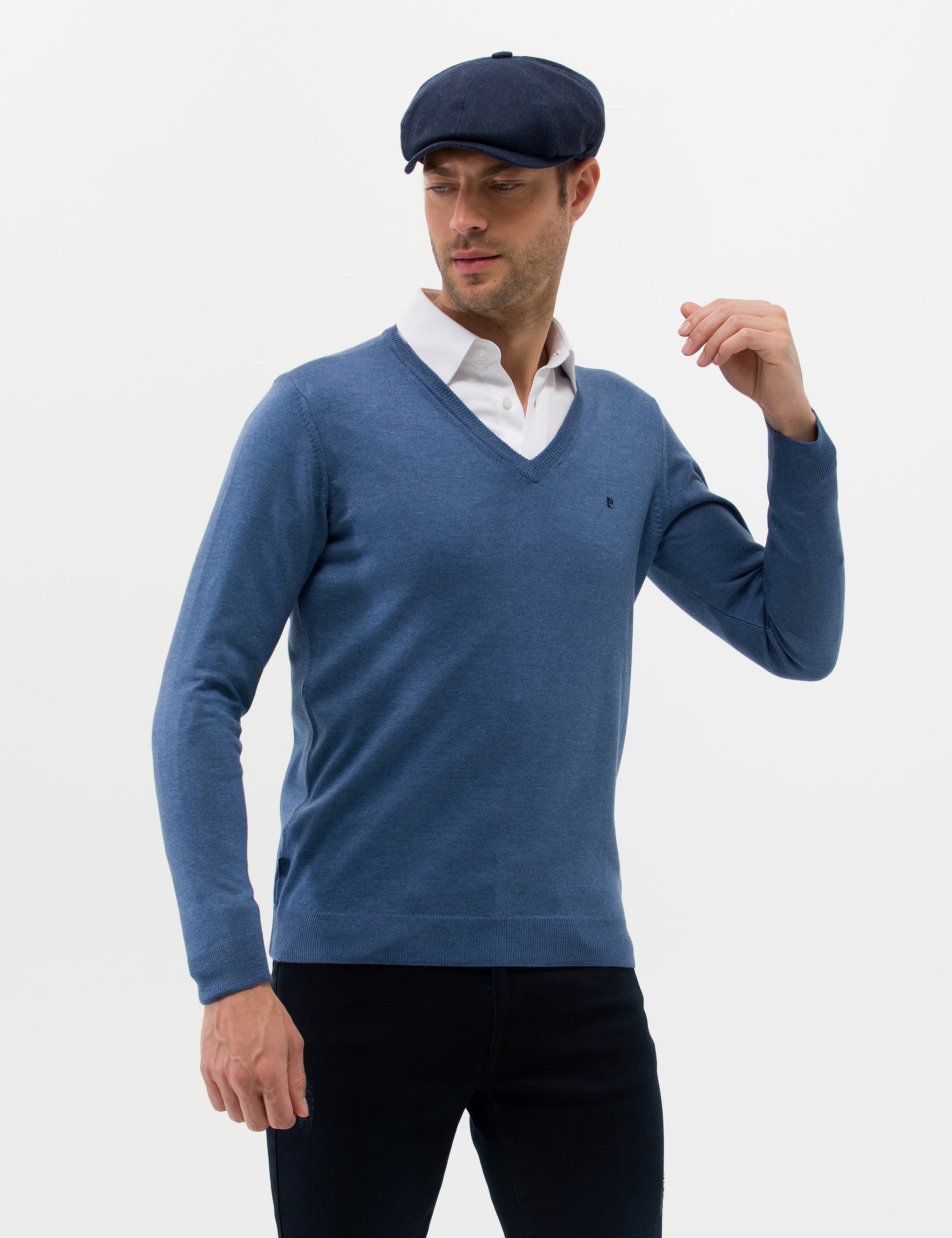 İndigo Melanj Slim Fit V Yaka Basic Triko Kazak