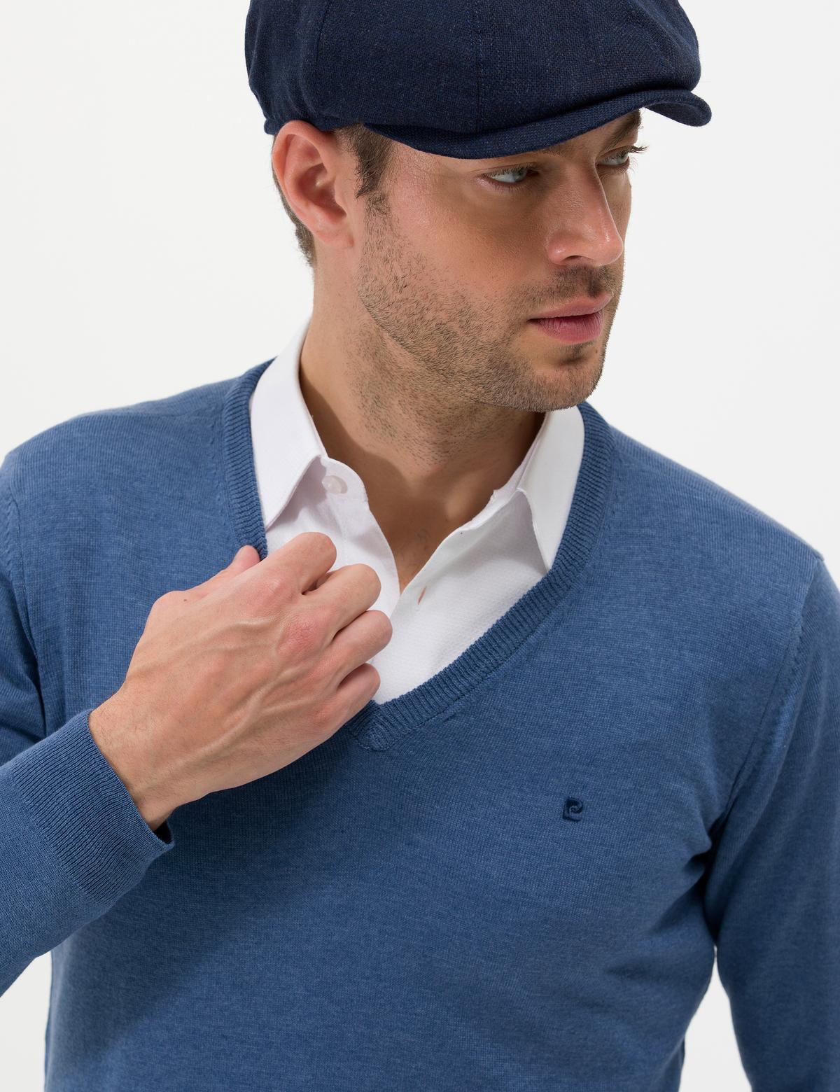 İndigo Melanj Slim Fit V Yaka Basic Triko Kazak - 50276536077