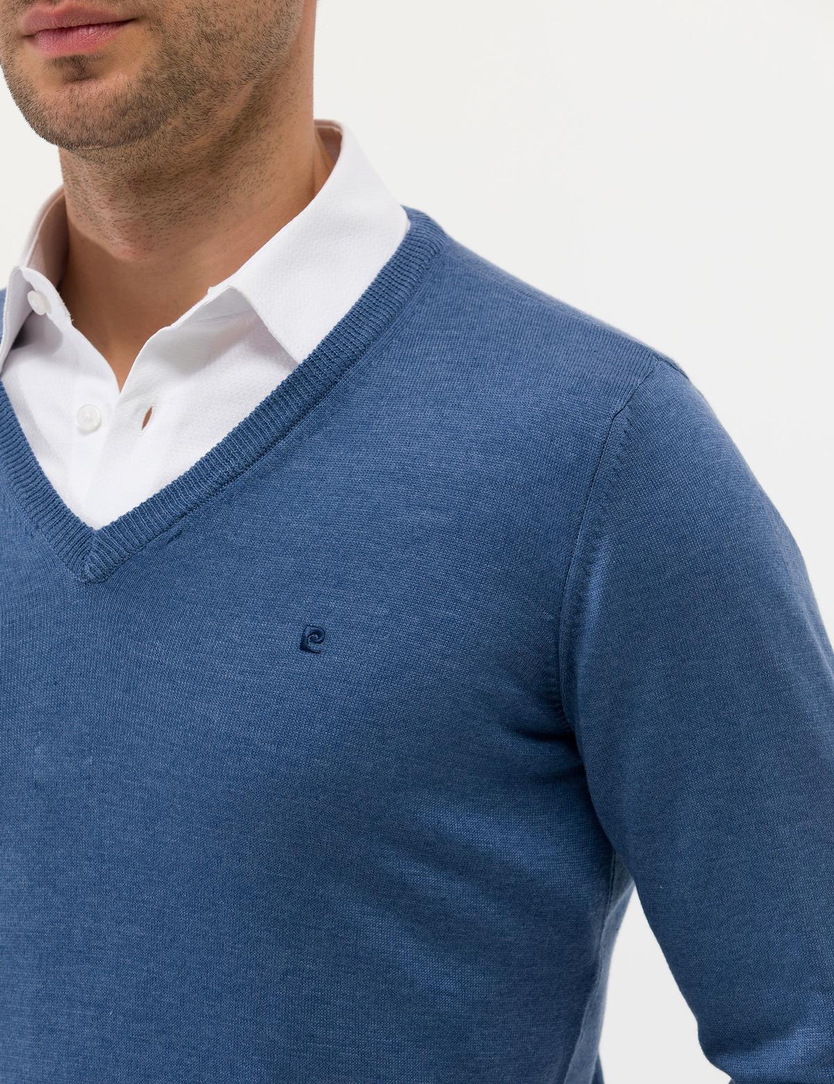 İndigo Melanj Slim Fit V Yaka Basic Triko Kazak - 50276536077