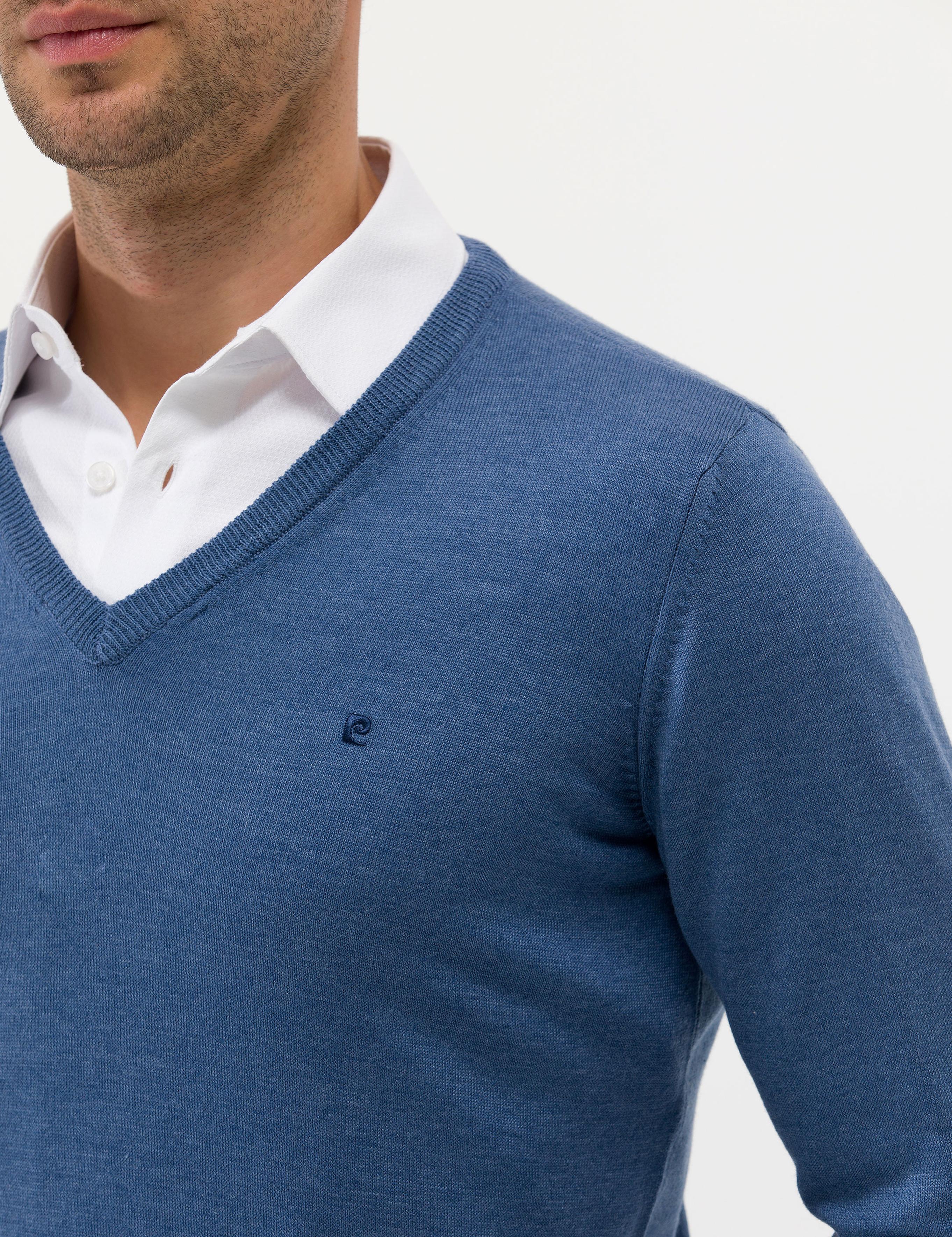 İndigo Melanj Slim Fit V Yaka Basic Triko Kazak