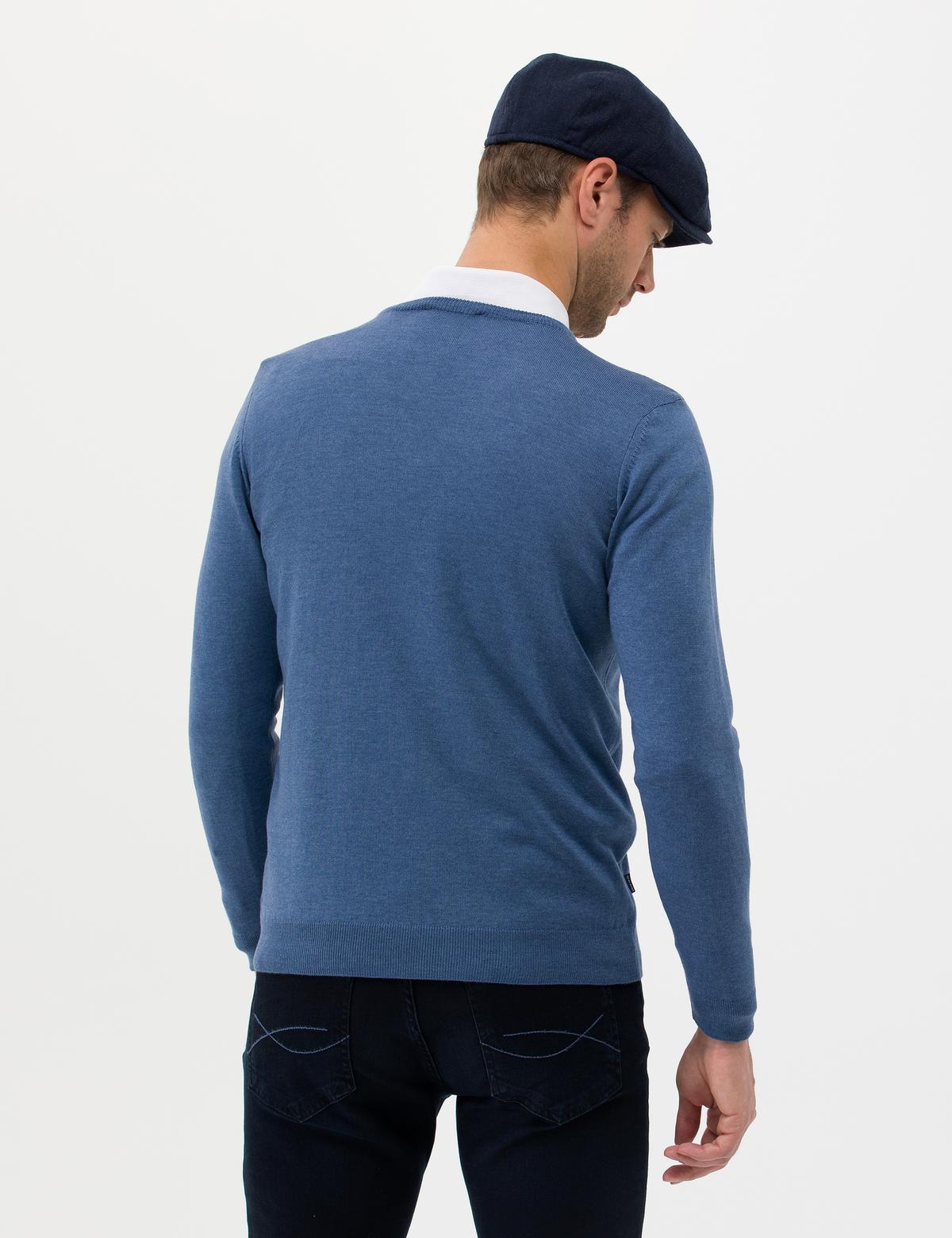 İndigo Melanj Slim Fit V Yaka Basic Triko Kazak - 50276536077