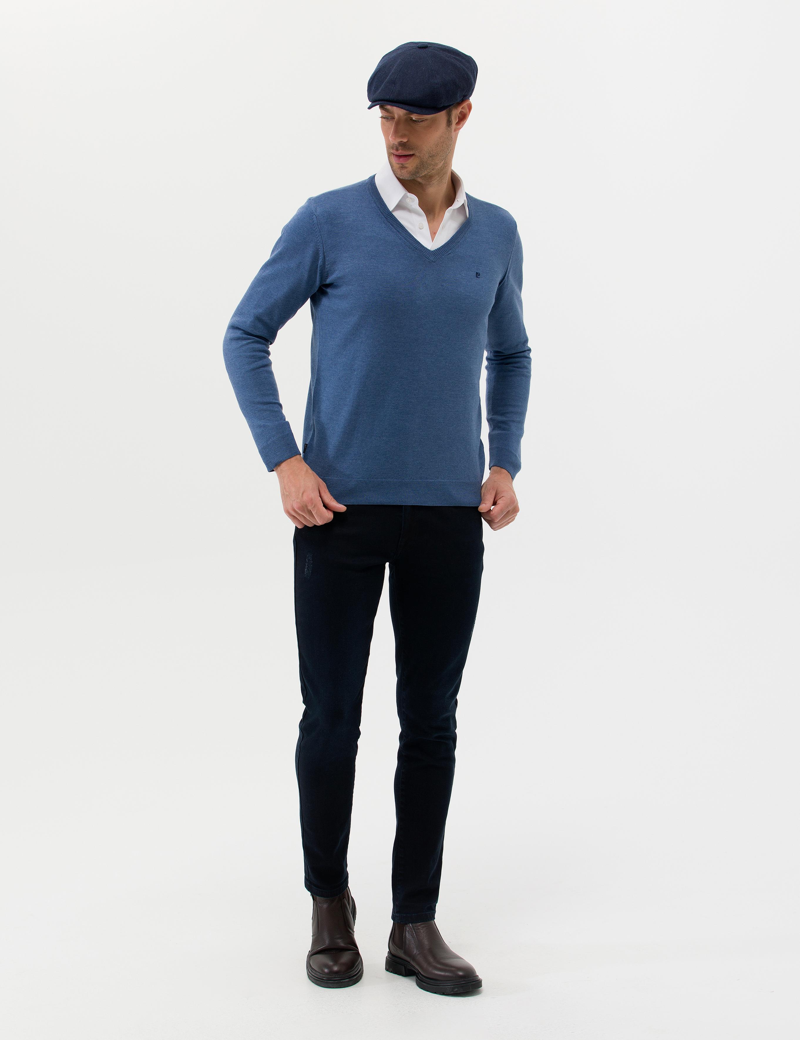 İndigo Melanj Slim Fit V Yaka Basic Triko Kazak