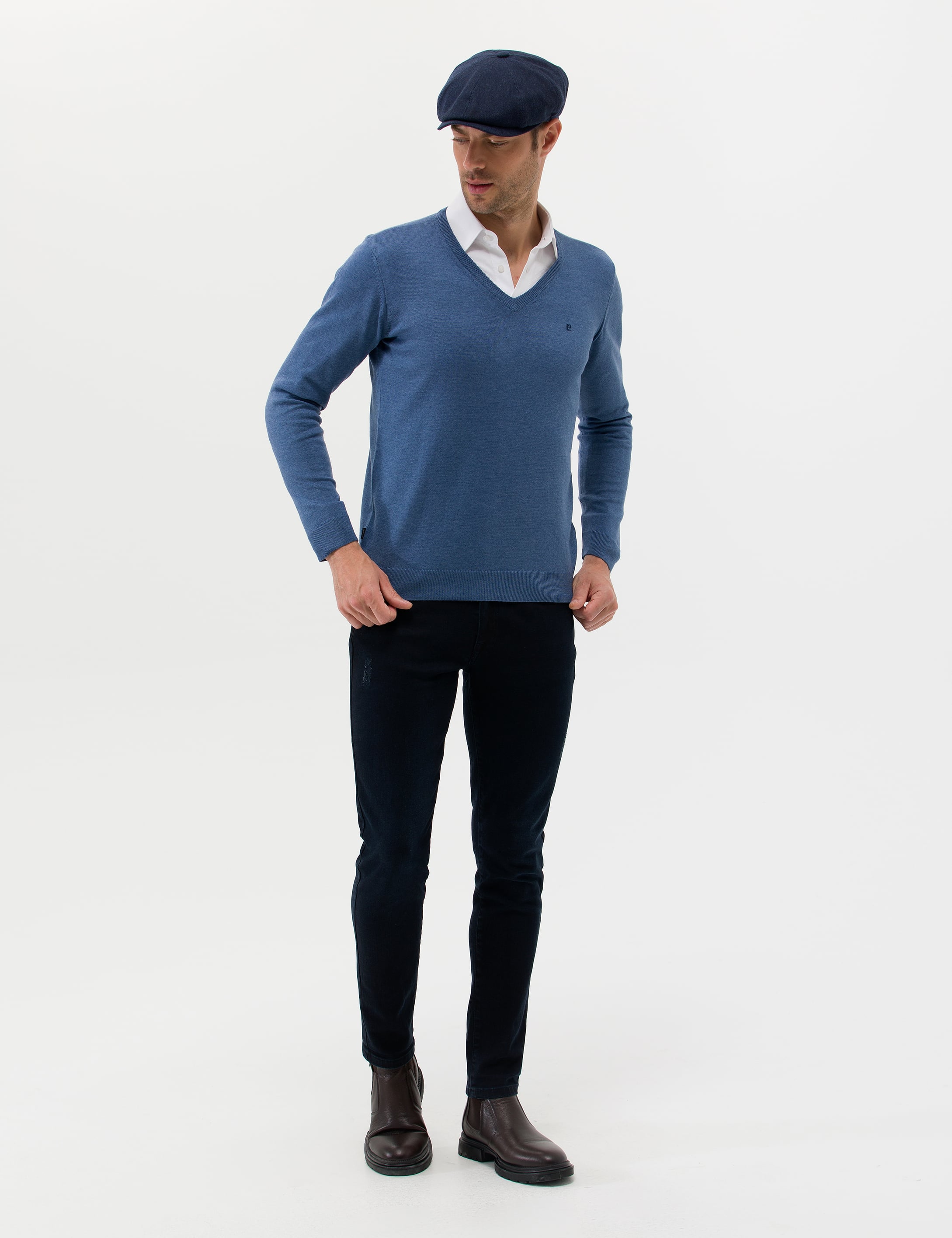 İndigo Melanj Slim Fit V Yaka Basic Triko Kazak