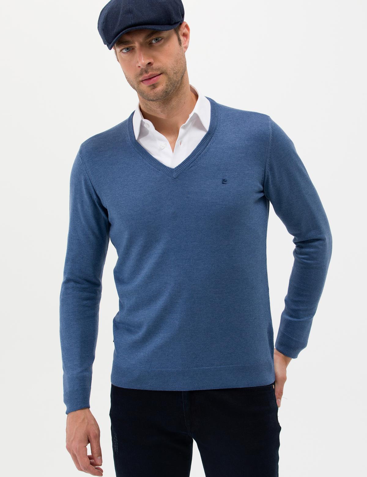 İndigo Melanj Slim Fit V Yaka Basic Triko Kazak