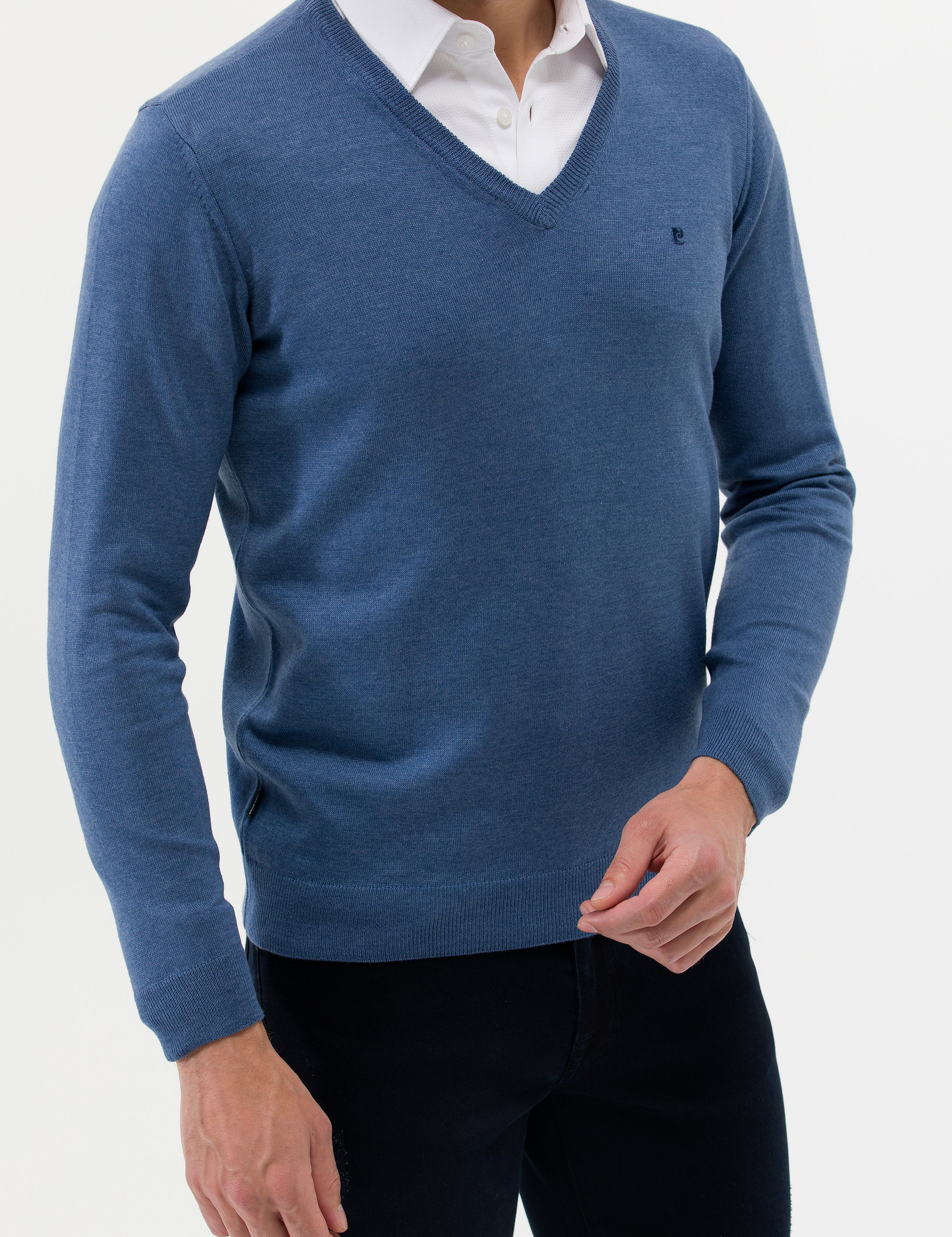 İndigo Melanj Slim Fit V Yaka Basic Triko Kazak - Image 6