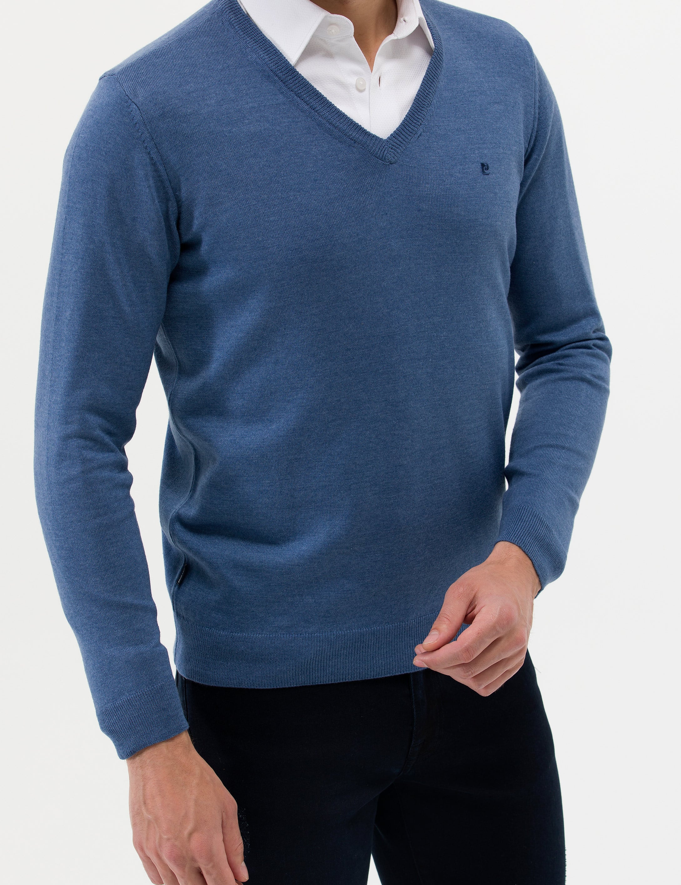 İndigo Melanj Slim Fit V Yaka Basic Triko Kazak