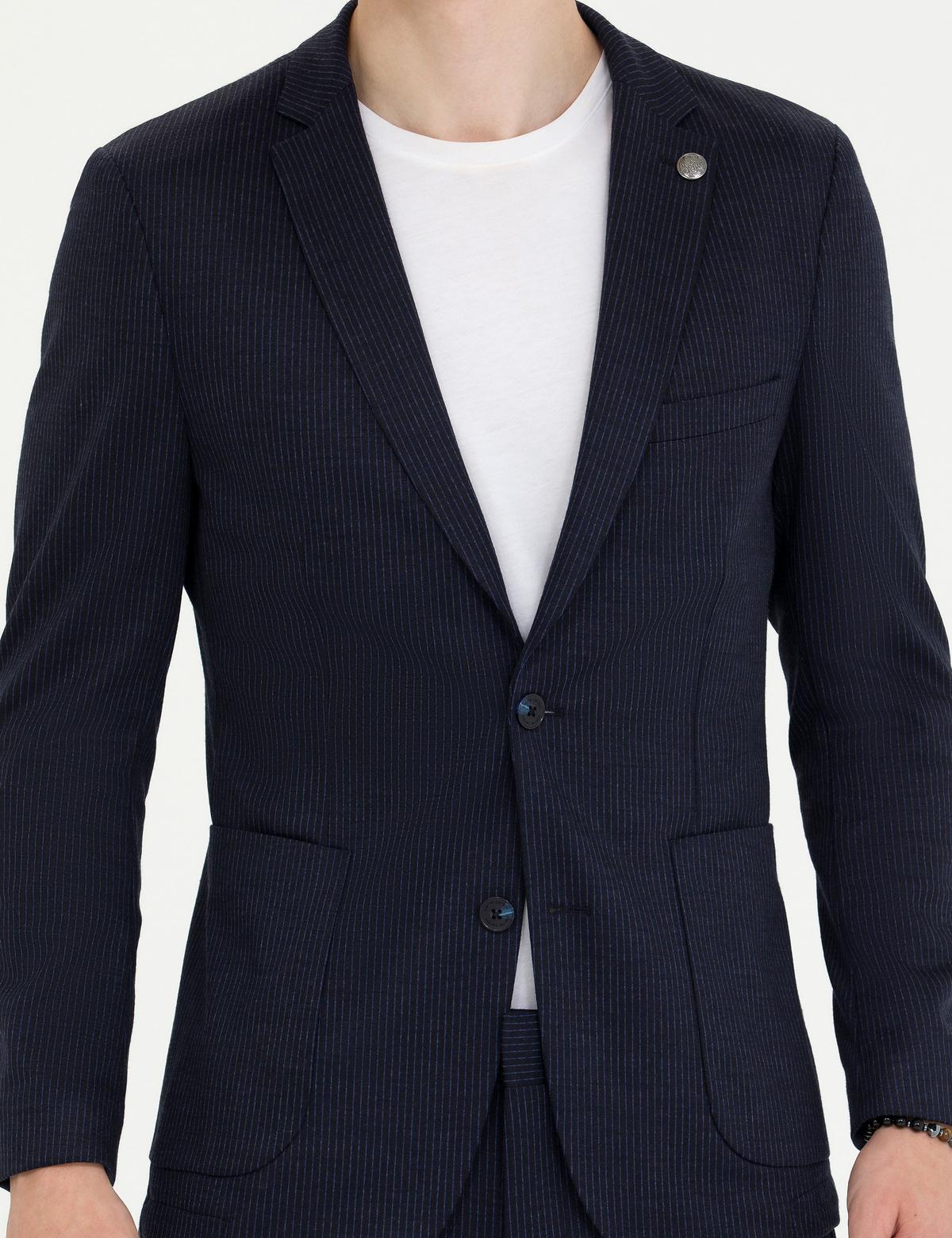 Lacivert Çizgili Yün Karışımlı Spor Takım Elbise - 50272584008