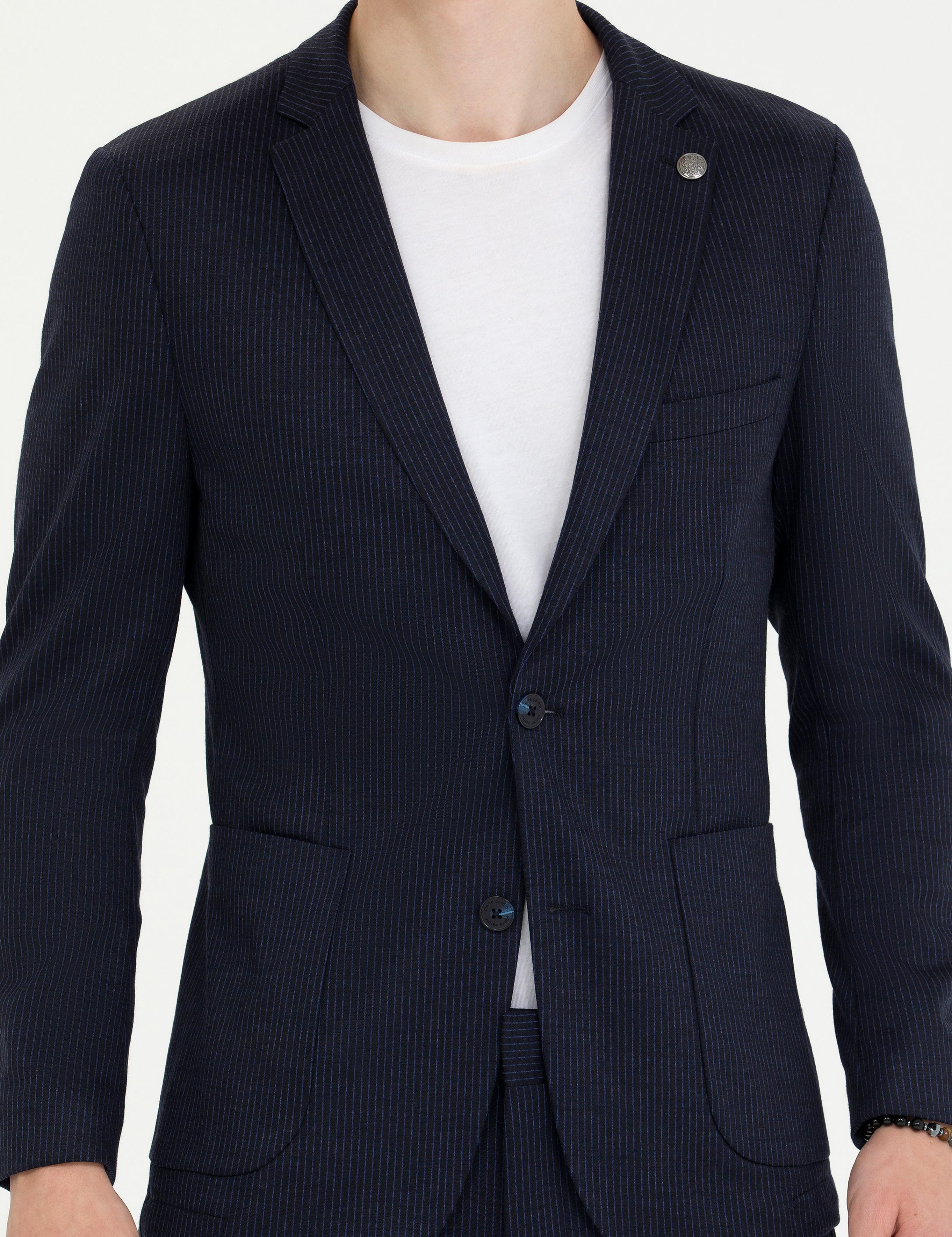 Lacivert Çizgili Yün Karışımlı Spor Takım Elbise