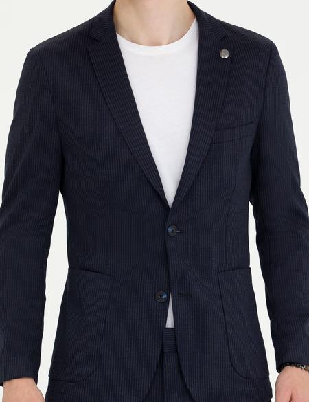 Lacivert Çizgili Yün Karışımlı Spor Takım Elbise - 50272584008