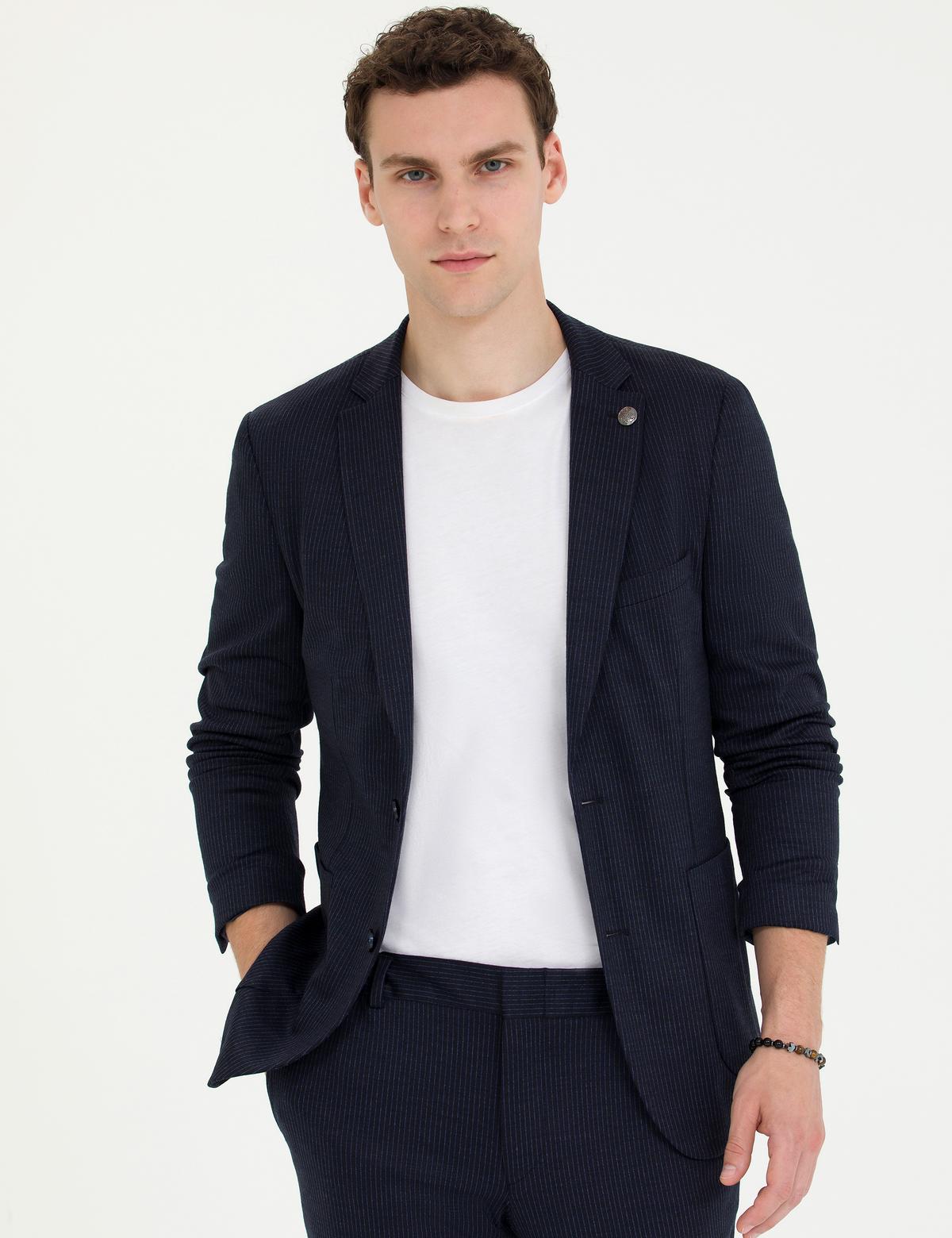 Lacivert Çizgili Yün Karışımlı Spor Takım Elbise - 50272584008