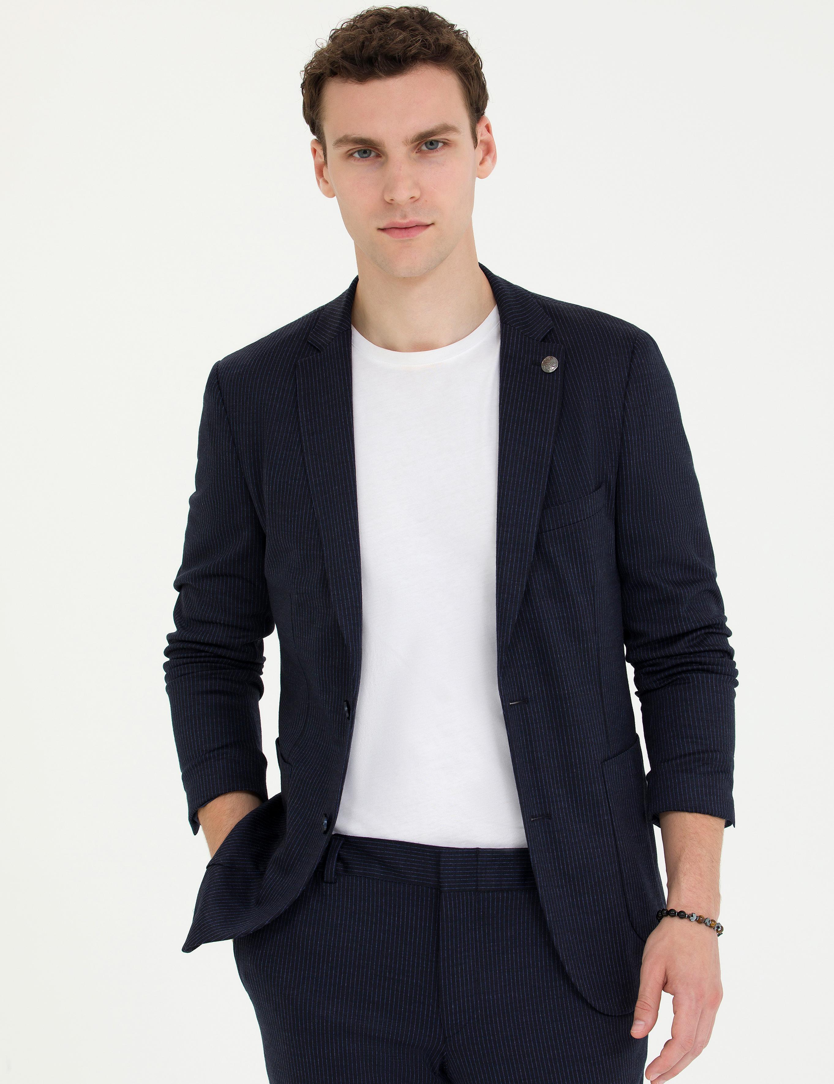 Lacivert Çizgili Yün Karışımlı Spor Takım Elbise