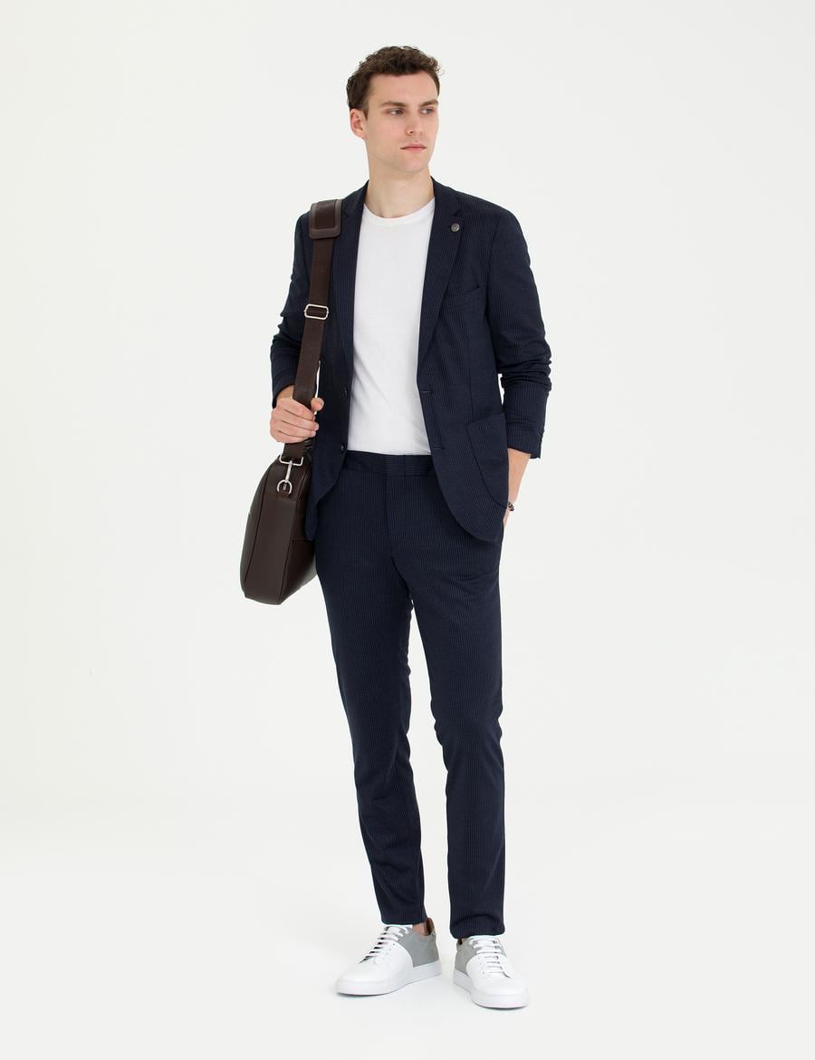 Lacivert Çizgili Yün Karışımlı Spor Takım Elbise