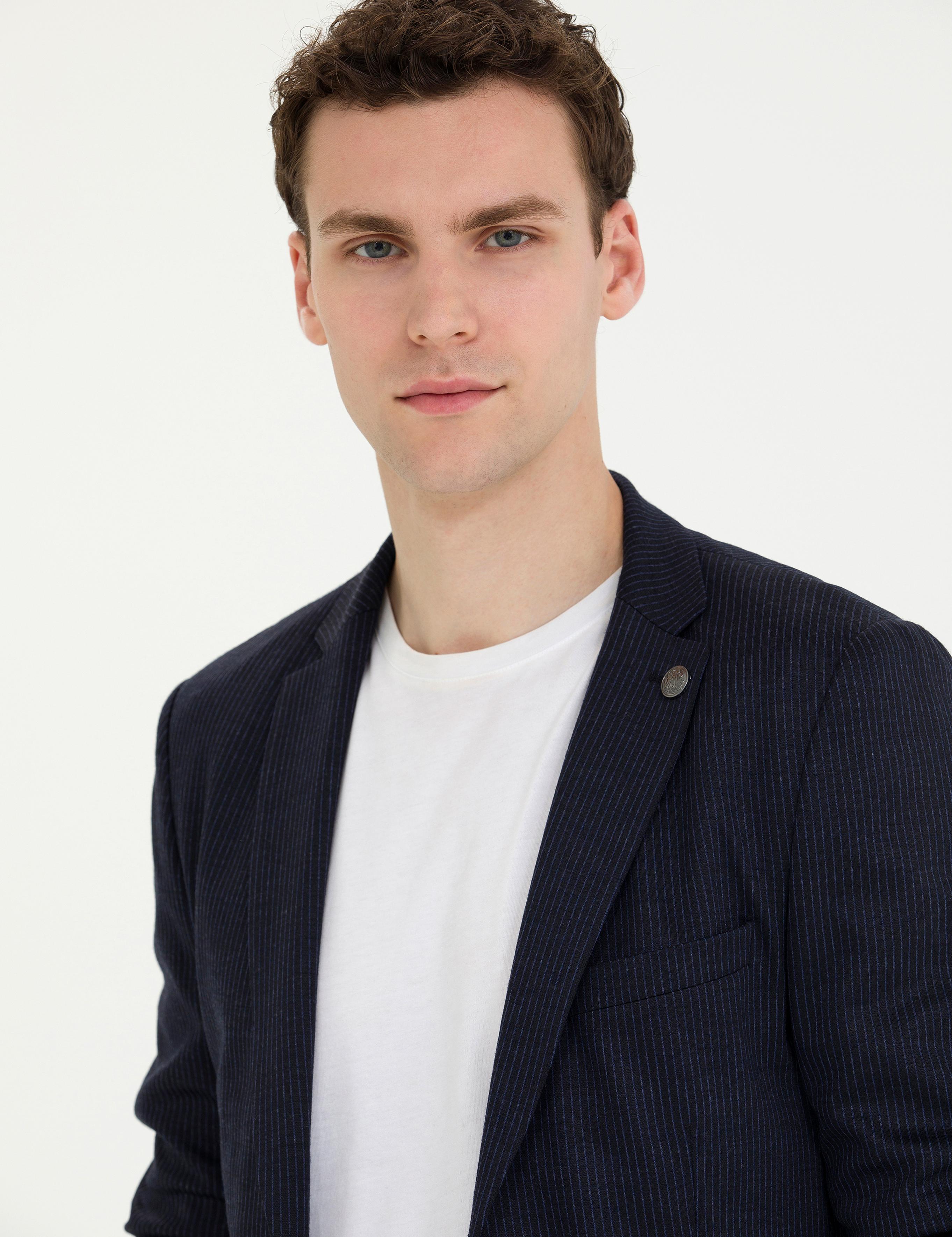 Lacivert Çizgili Yün Karışımlı Spor Takım Elbise