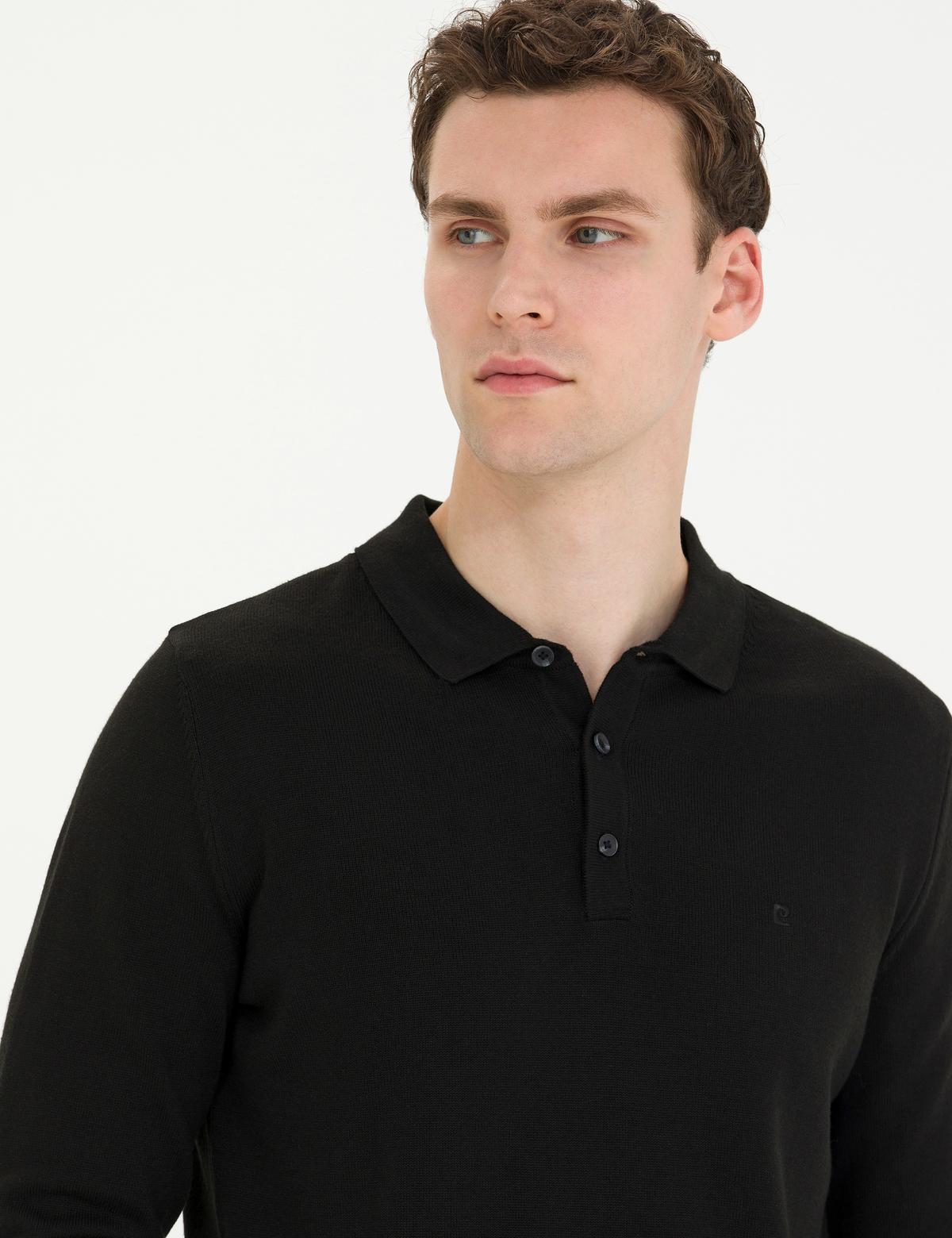 Siyah Slim Fit Polo Yaka Basic Triko Kazak - 50276154027