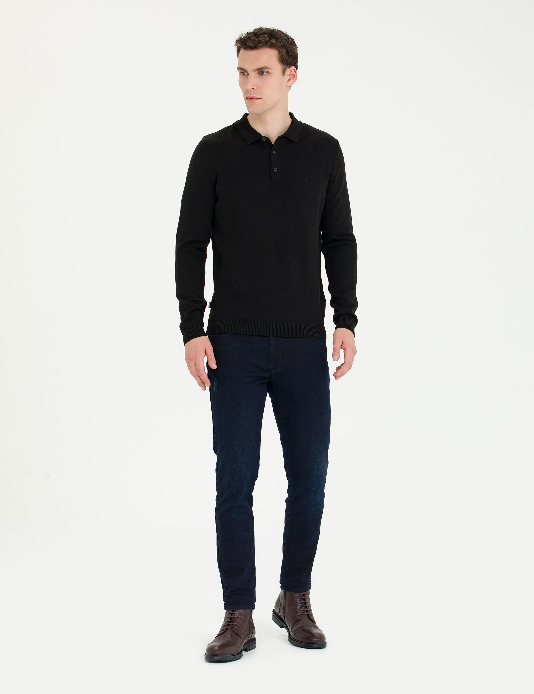 Siyah Slim Fit Polo Yaka Basic Triko Kazak