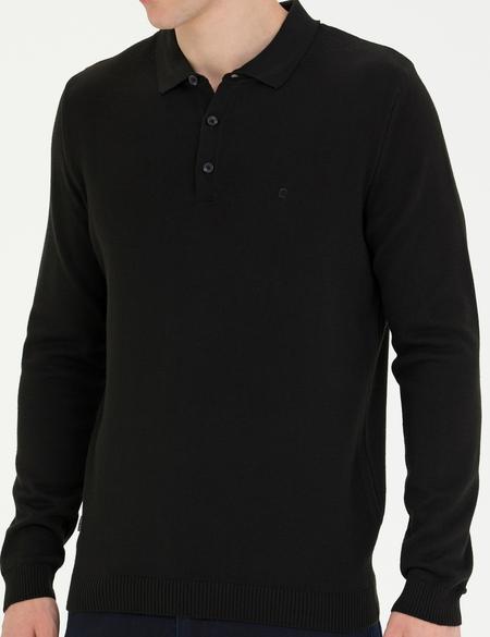 Siyah Slim Fit Polo Yaka Basic Triko Kazak - 50276154027