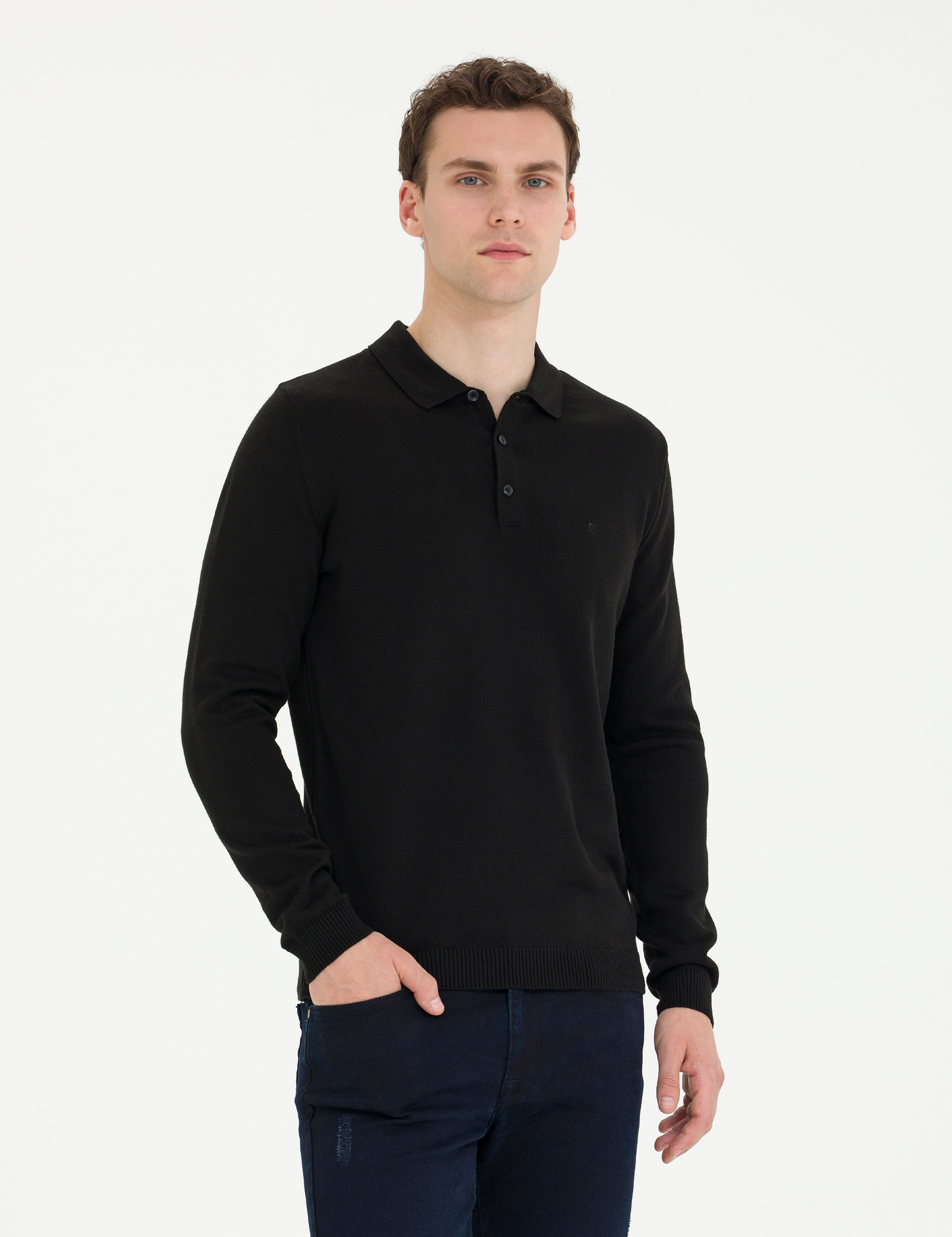 Siyah Slim Fit Polo Yaka Basic Triko Kazak