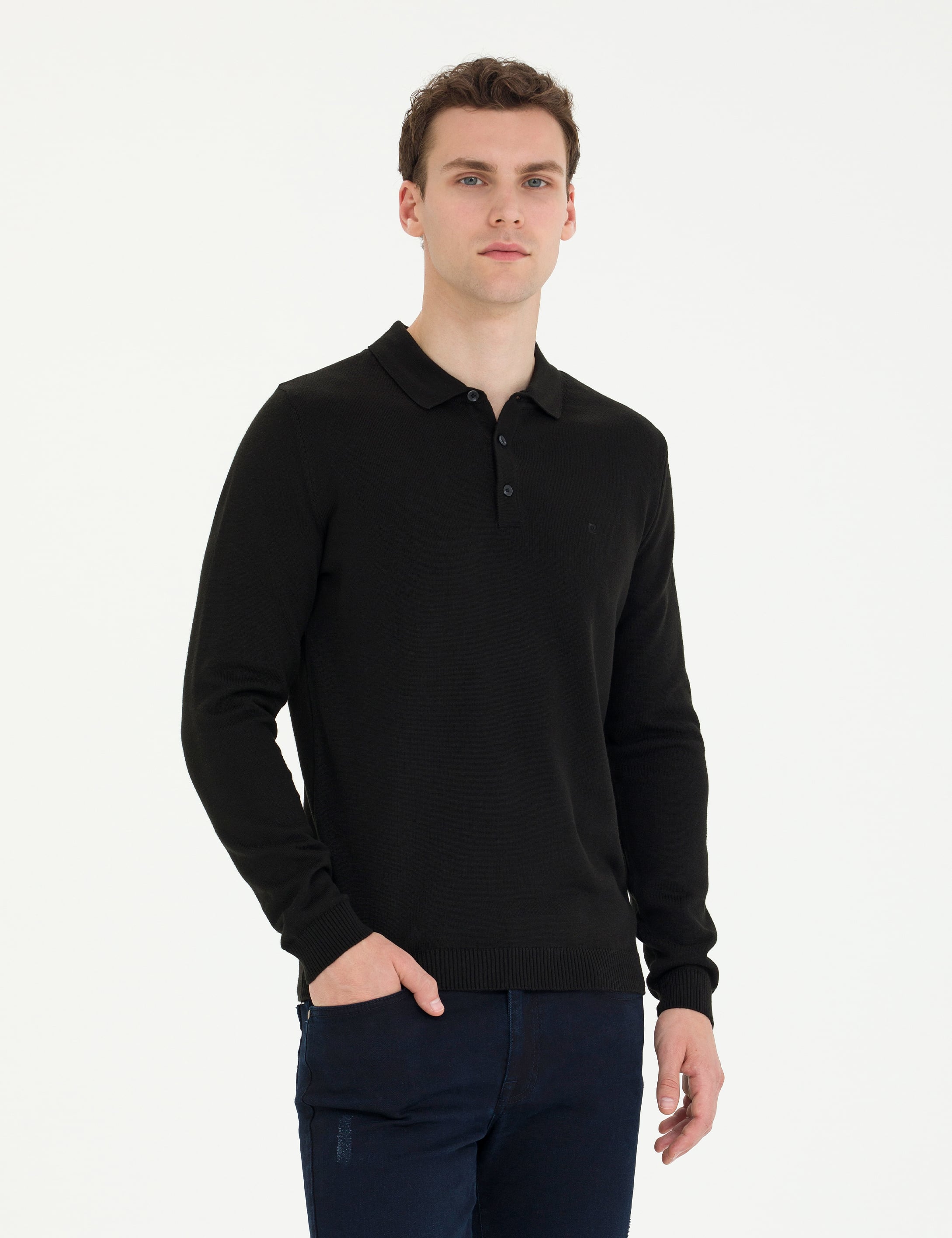 Siyah Slim Fit Polo Yaka Basic Triko Kazak - Image 1
