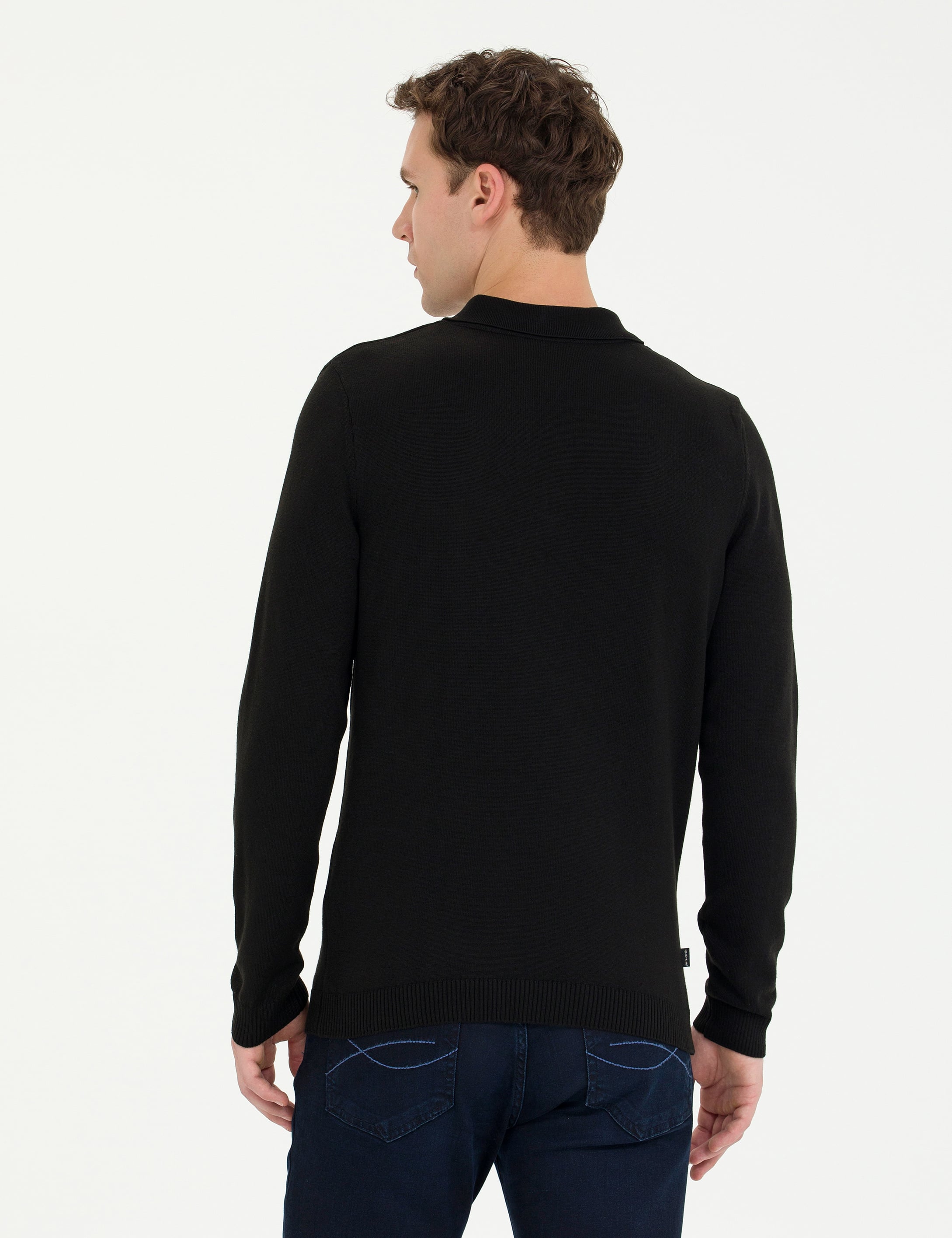 Siyah Slim Fit Polo Yaka Basic Triko Kazak