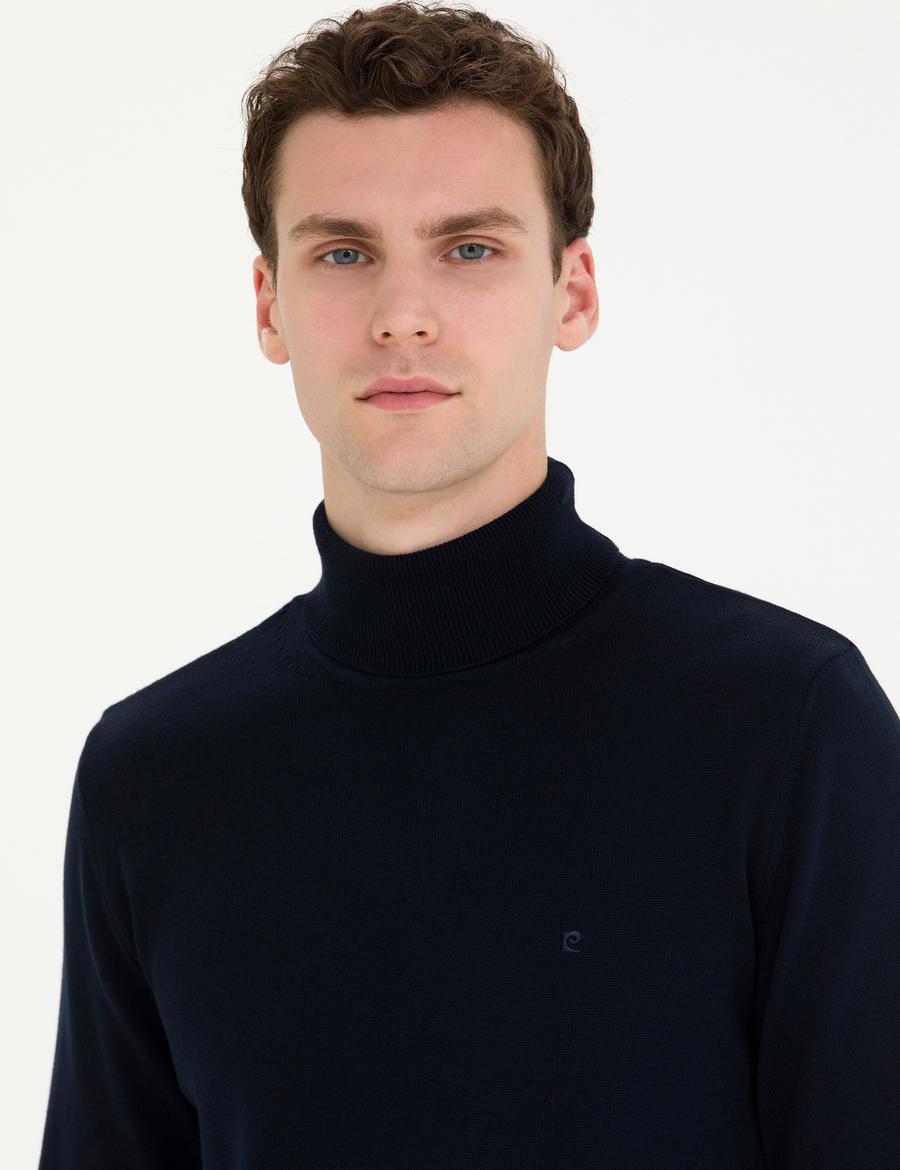 Lacivert Slim Fit Balıkçı Yaka Basic Triko Kazak