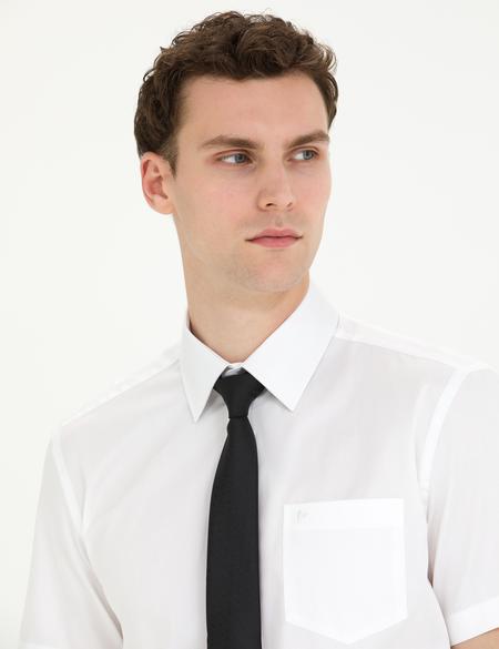 Beyaz Parlak Saten Regular Fit Kısa Kollu Basic Gömlek - 50267643016