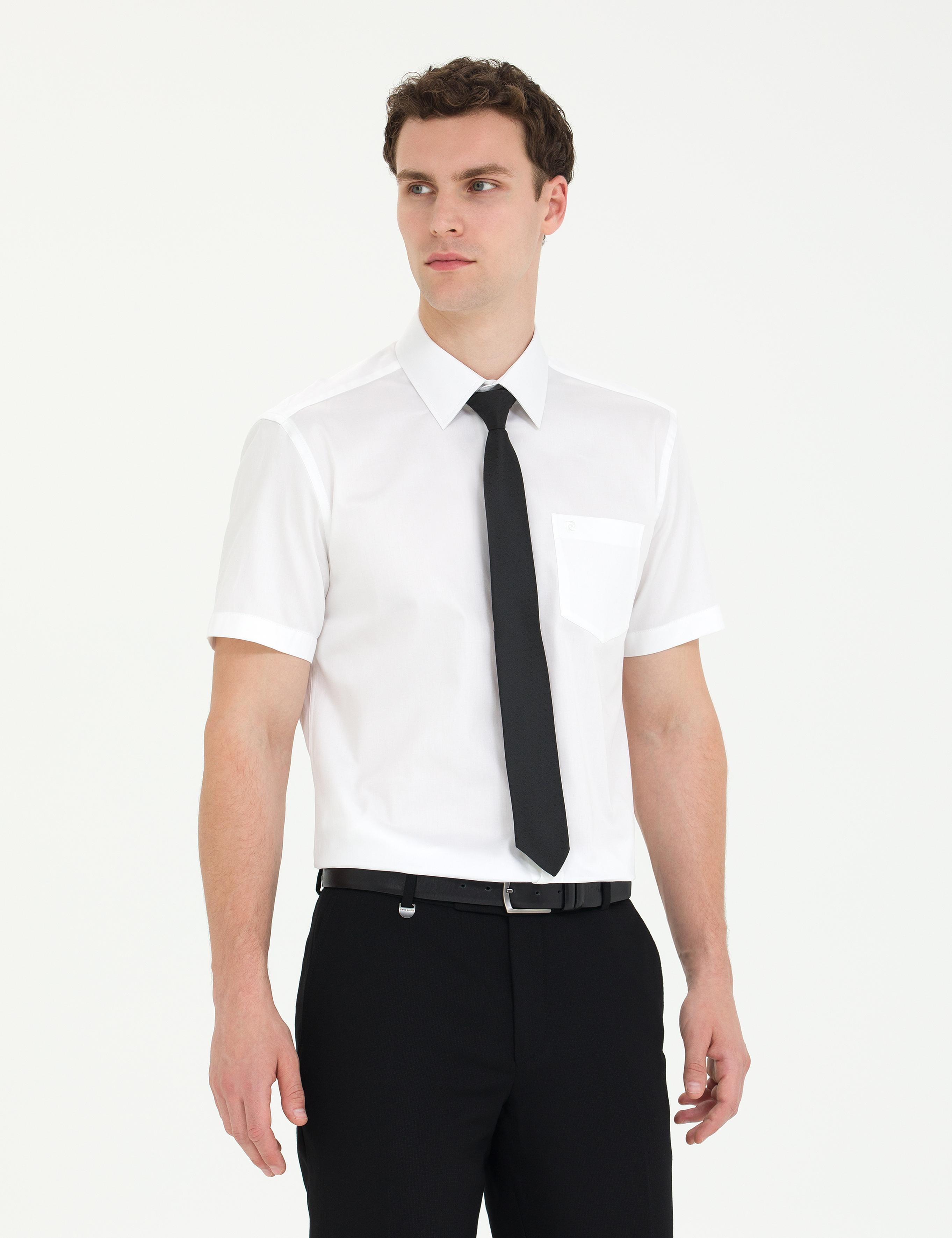 Beyaz Parlak Saten Regular Fit Kısa Kollu Basic Gömlek