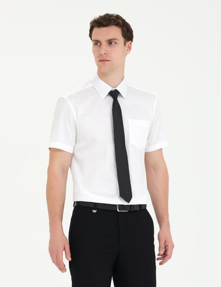 Beyaz Parlak Saten Regular Fit Kısa Kollu Basic Gömlek - 50267643016