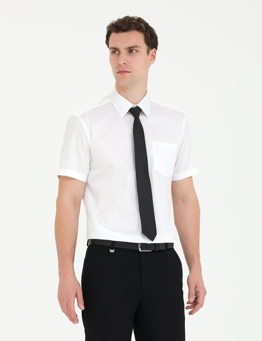 Beyaz Parlak Saten Regular Fit Kısa Kollu Basic Gömlek