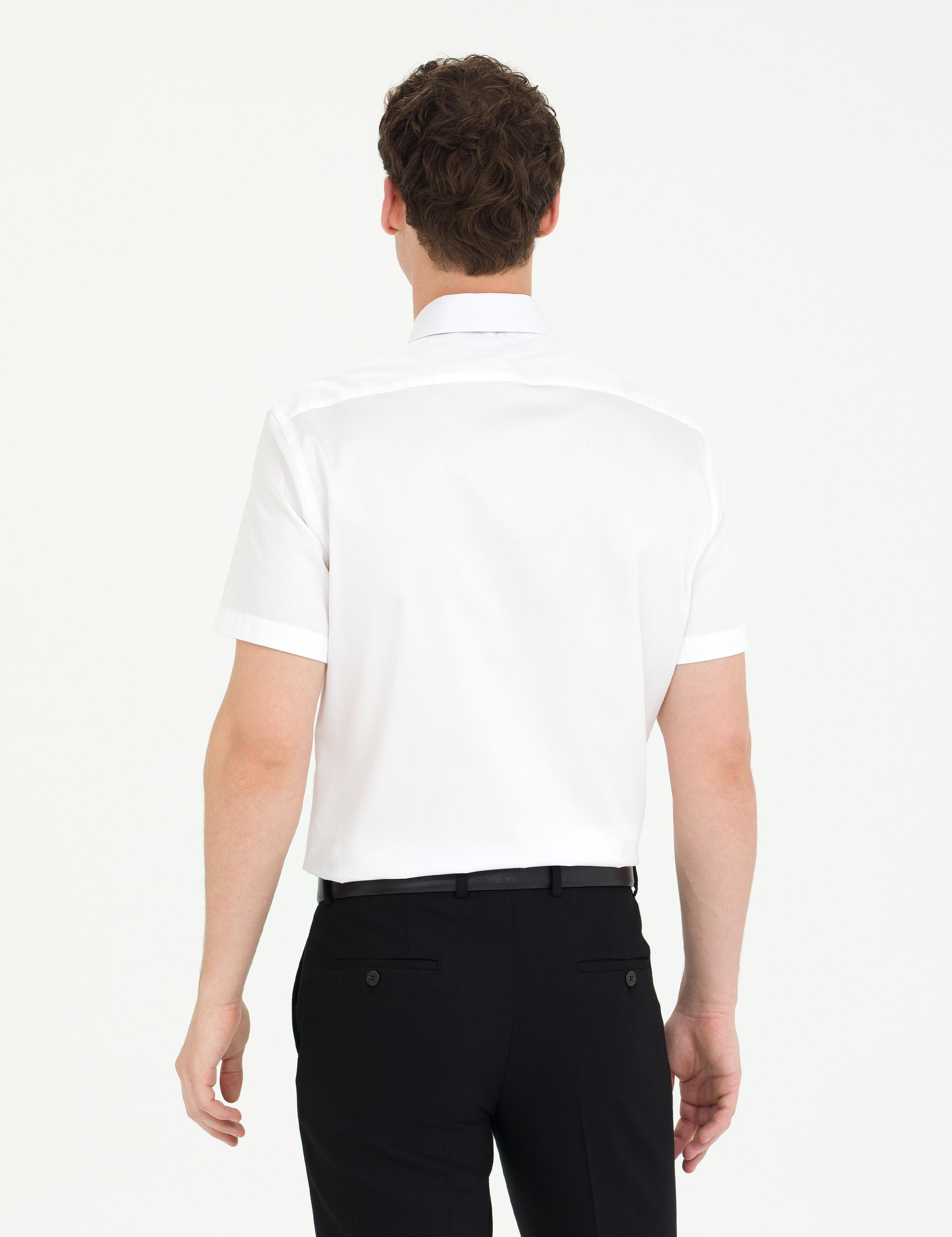 Beyaz Parlak Saten Regular Fit Kısa Kollu Basic Gömlek