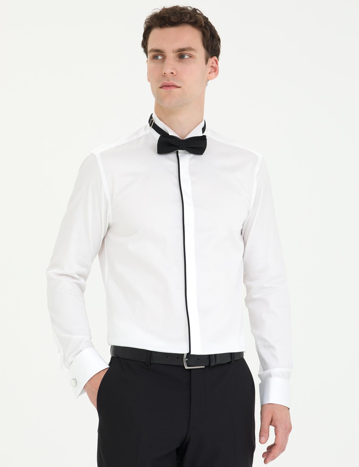 Beyaz Slim Fit Smokin Gömlek