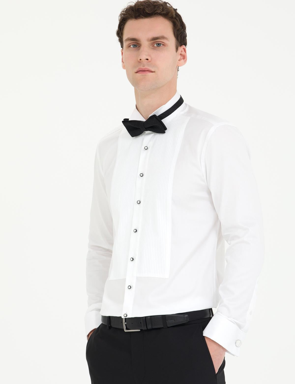 Beyaz Slim Fit Smokin Gömlek - 50268196008