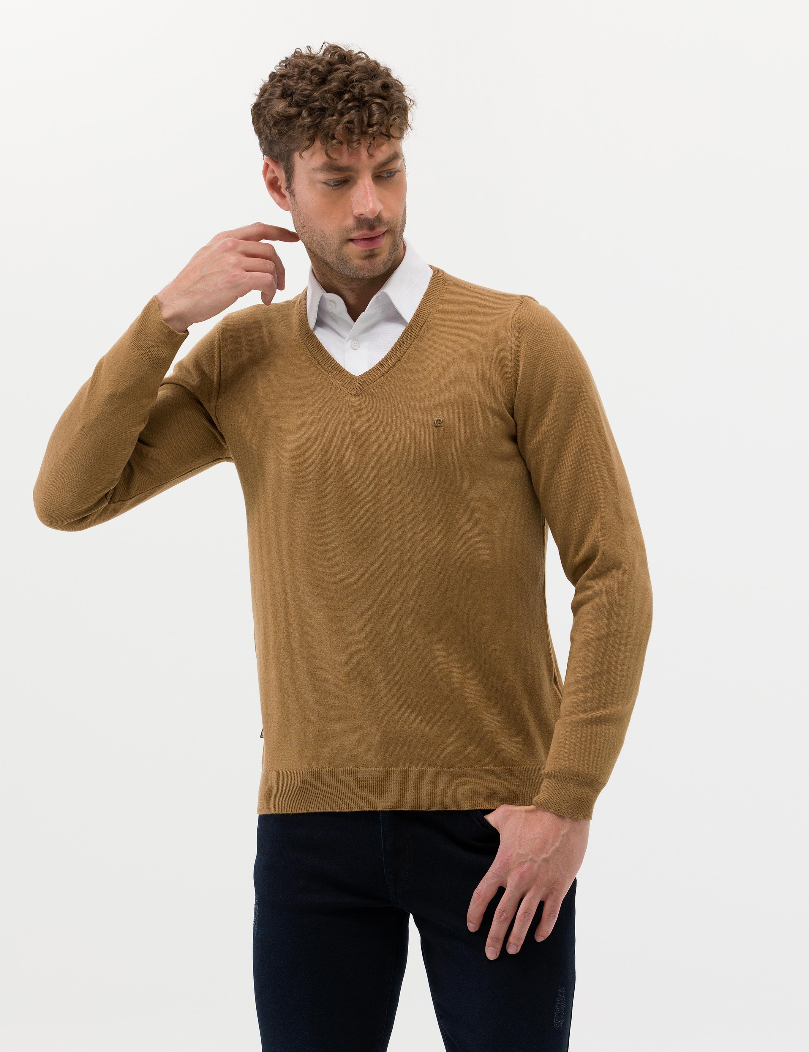 Camel Melanj Slim Fit V Yaka Basic Triko Kazak