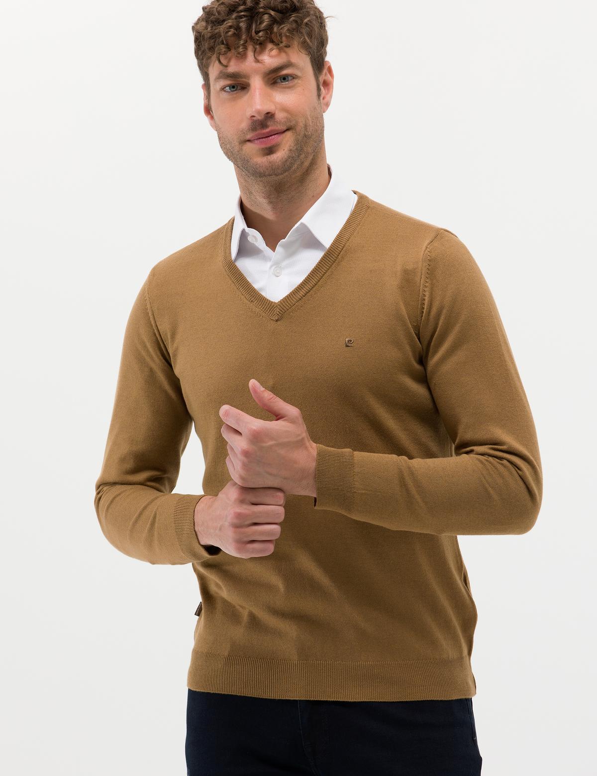 Camel Melanj Slim Fit V Yaka Basic Triko Kazak