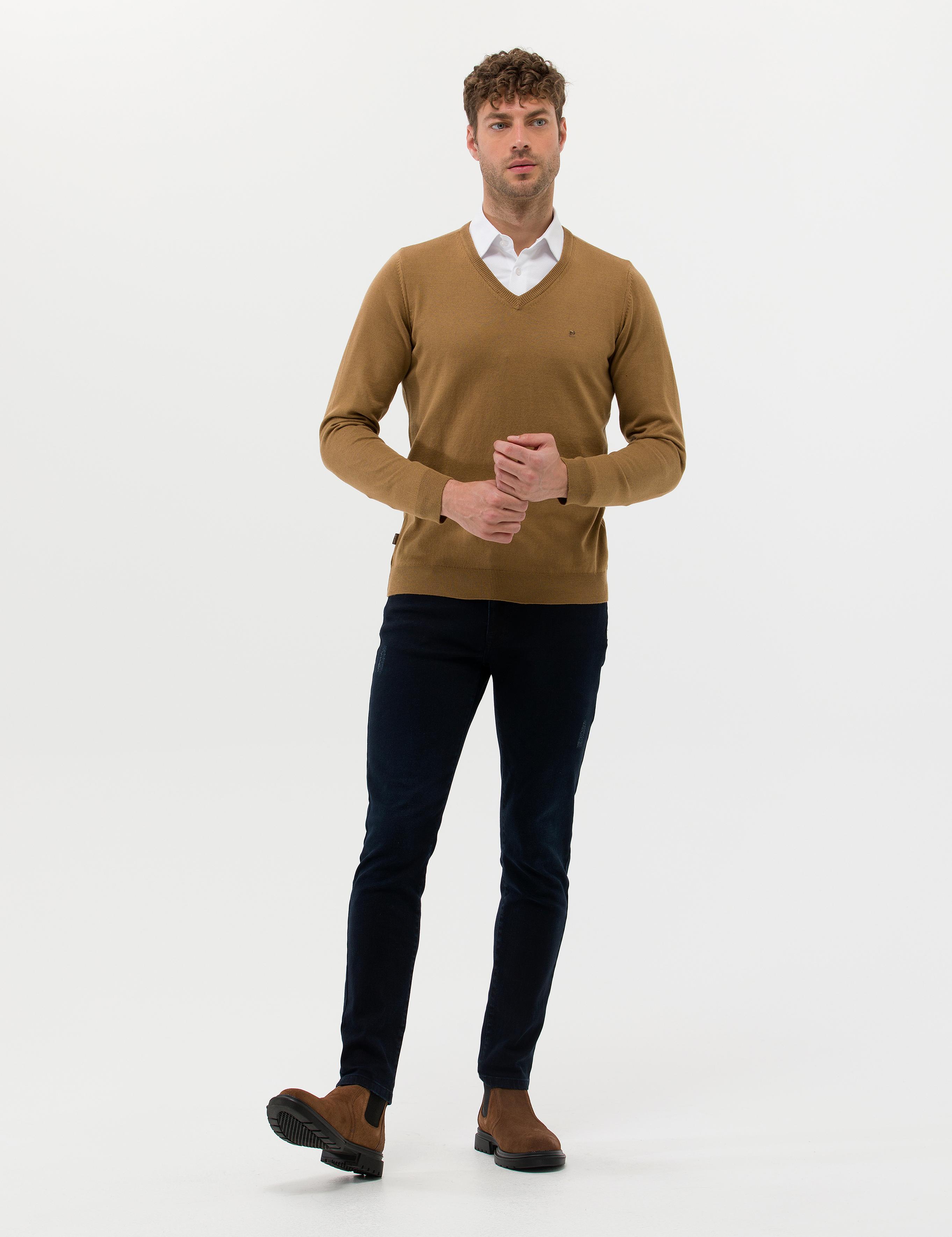 Camel Melanj Slim Fit V Yaka Basic Triko Kazak