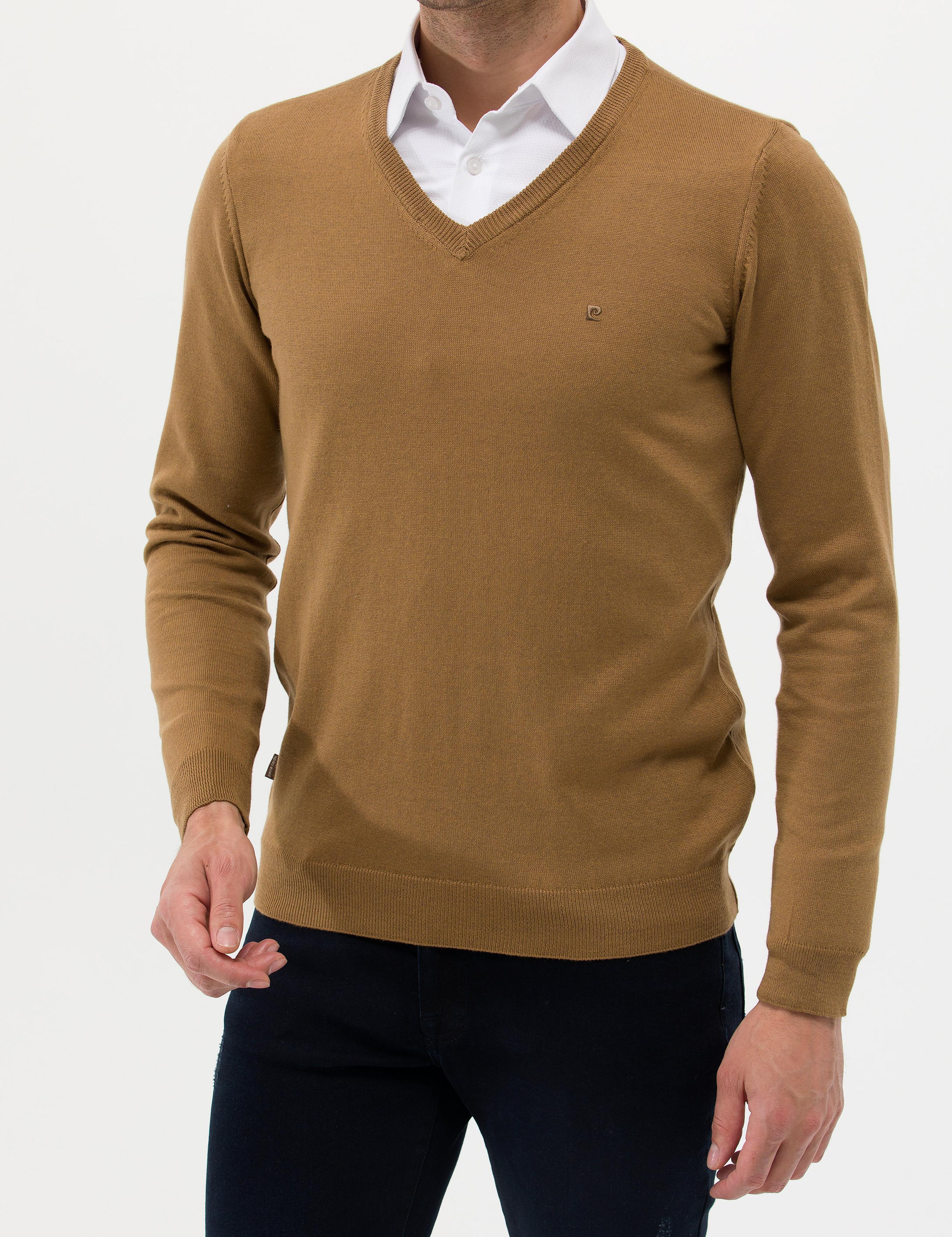 Camel Melanj Slim Fit V Yaka Basic Triko Kazak