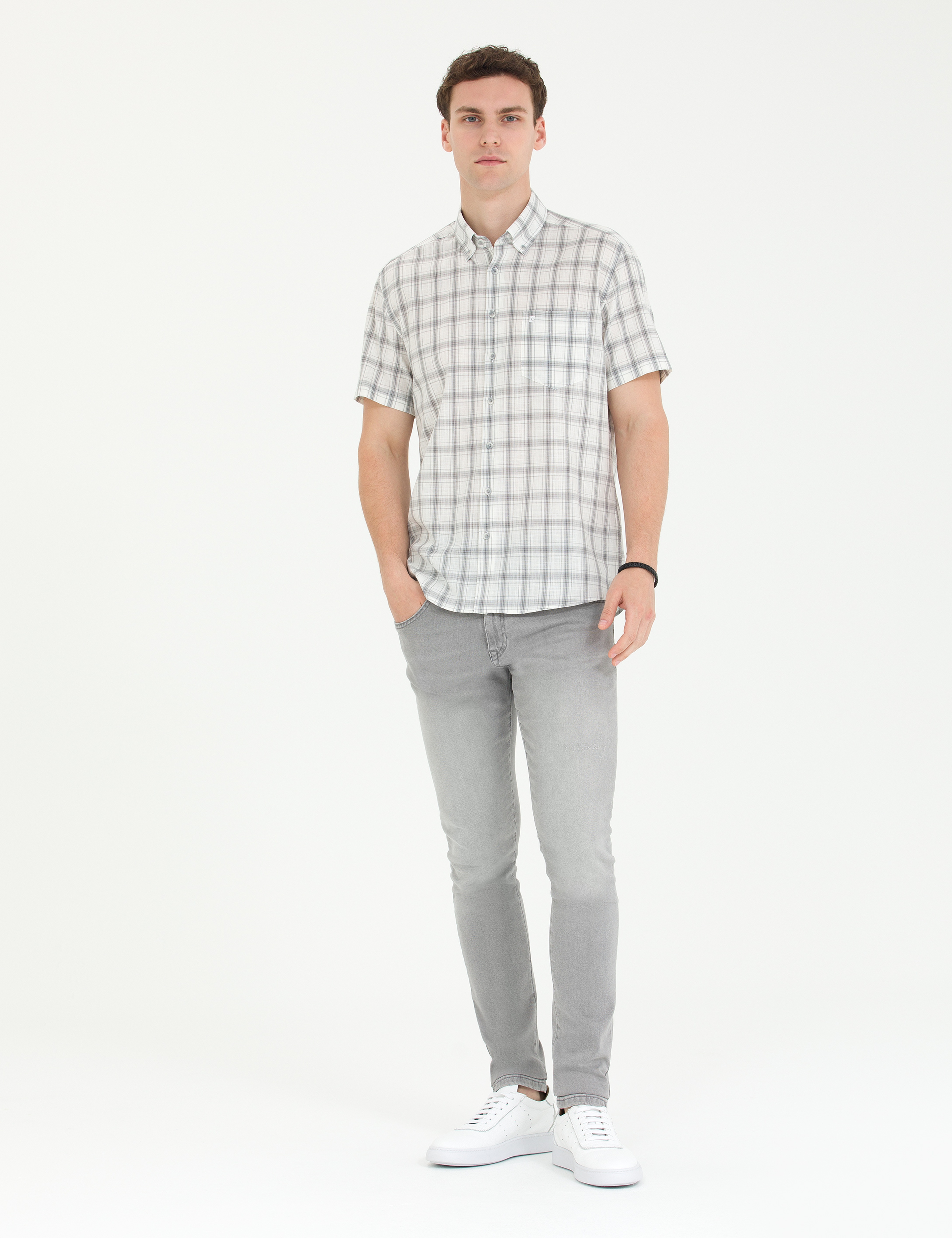 Gri Regular Fit Kısa Kollu Gömlek - Image 4